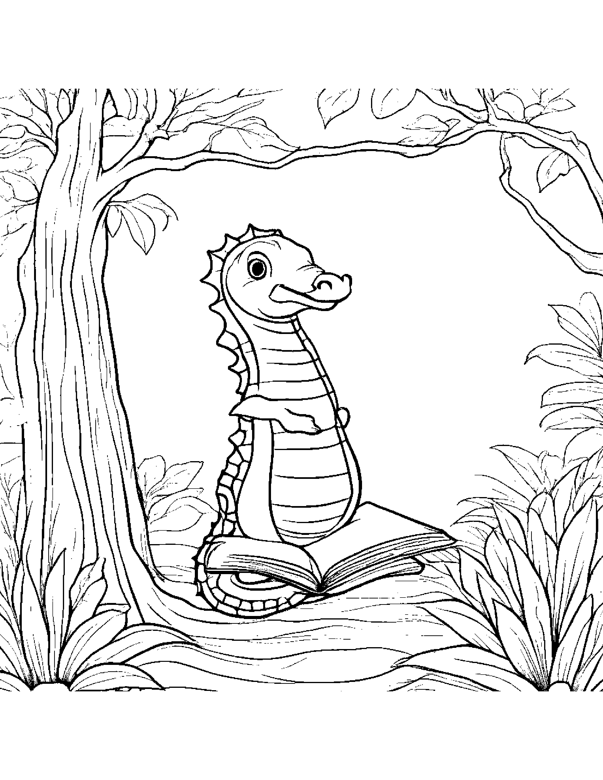 Zippy Seahorse Reading A Storybook By A Little Tree Coloring Page (Free Printable PDF)