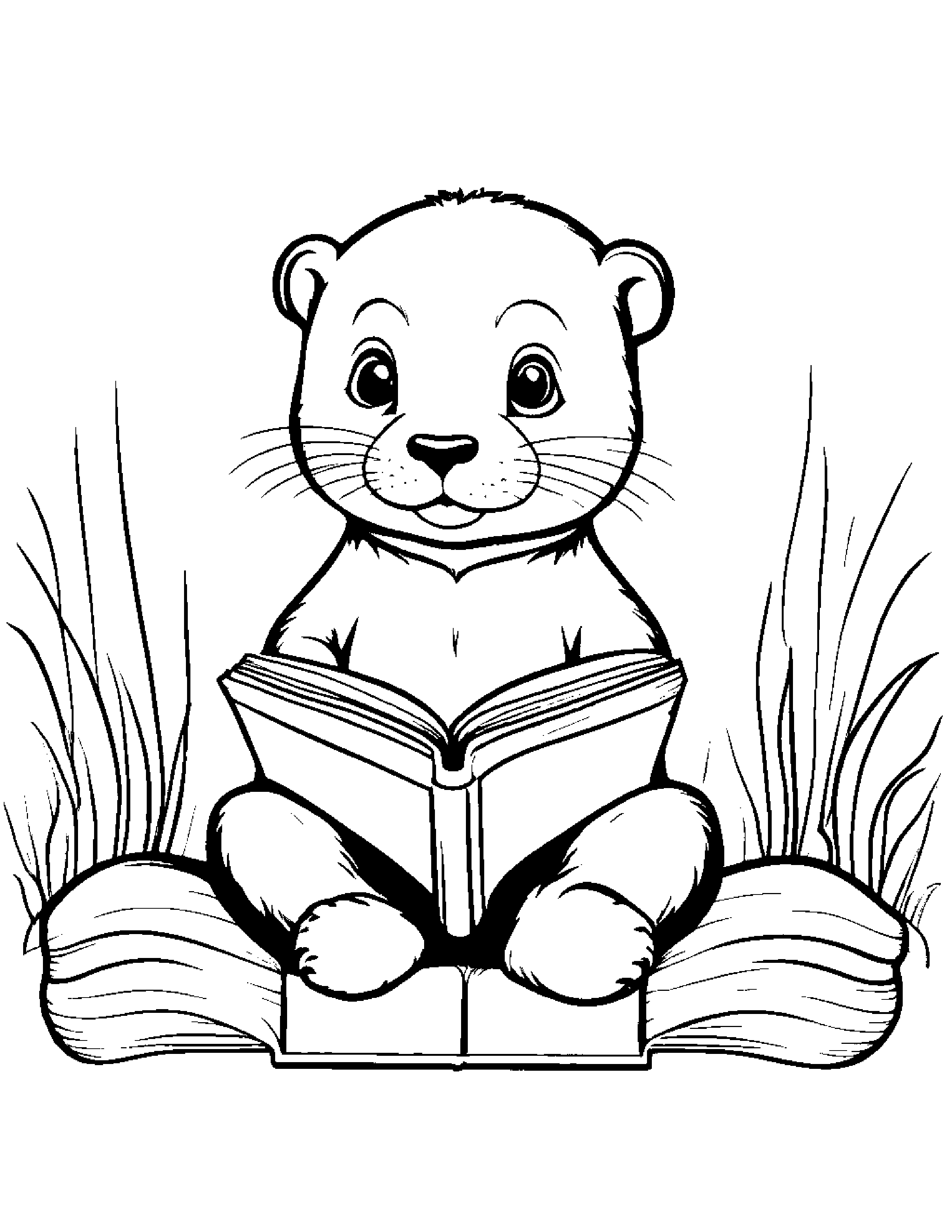 Baby Otter Pup Reading A Book Coloring Page (Free Printable PDF)