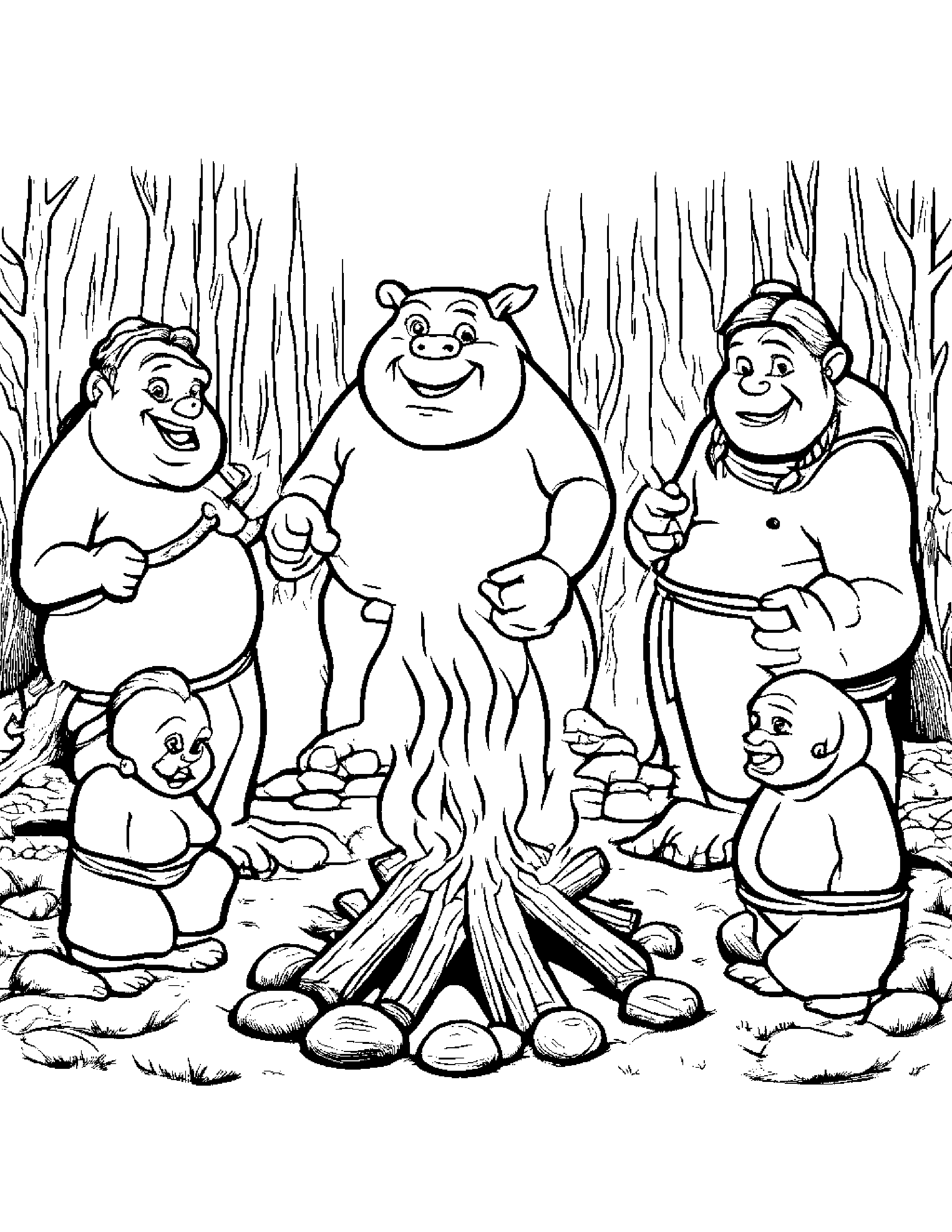 A Tribe Of Friendly Ogre Children Gathered Around A Campfire Telling Spooky Stories While Roasting Marshmallows Coloring Page (Free Printable PDF)