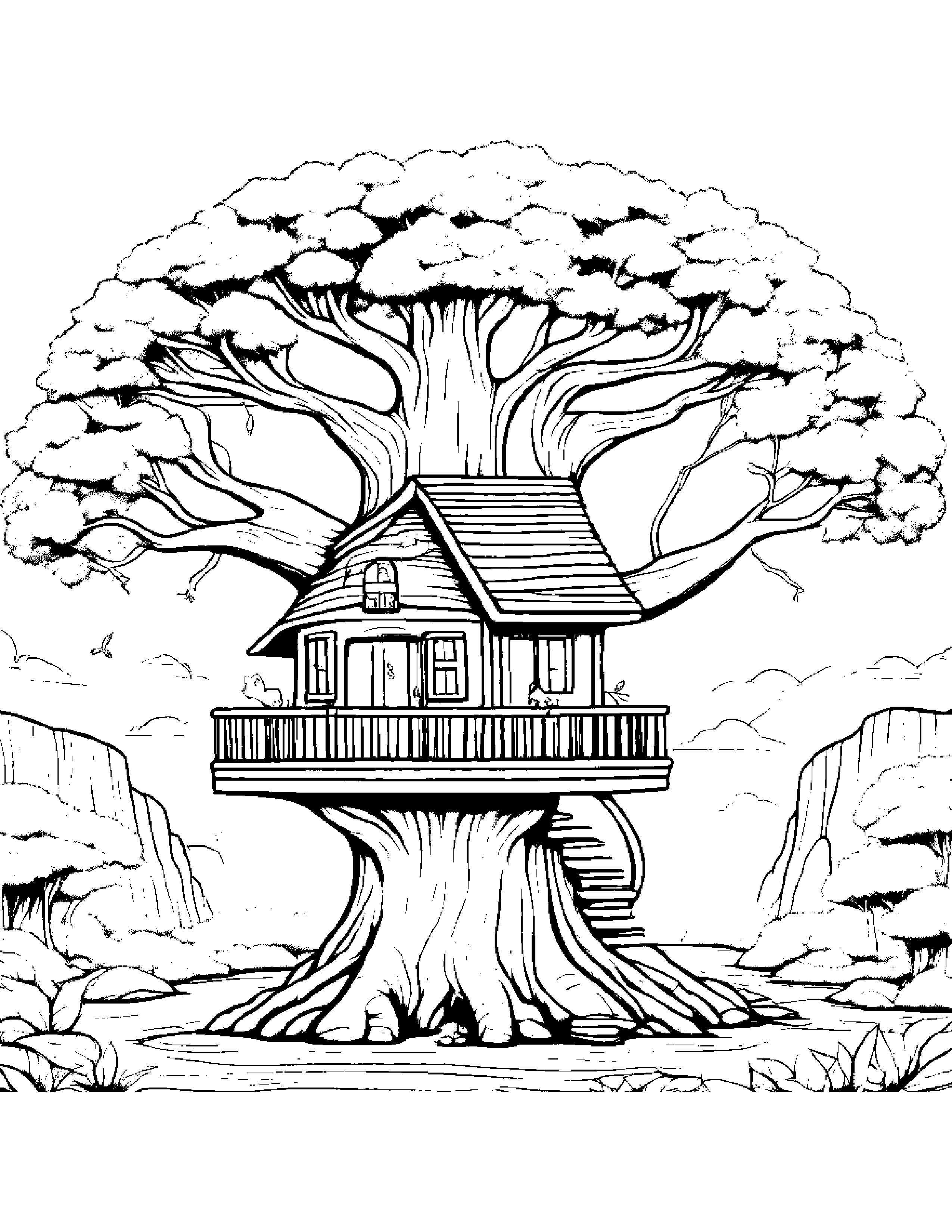 Gentle Treehouse With A Bow #2 Coloring Page (Free Printable PDF)