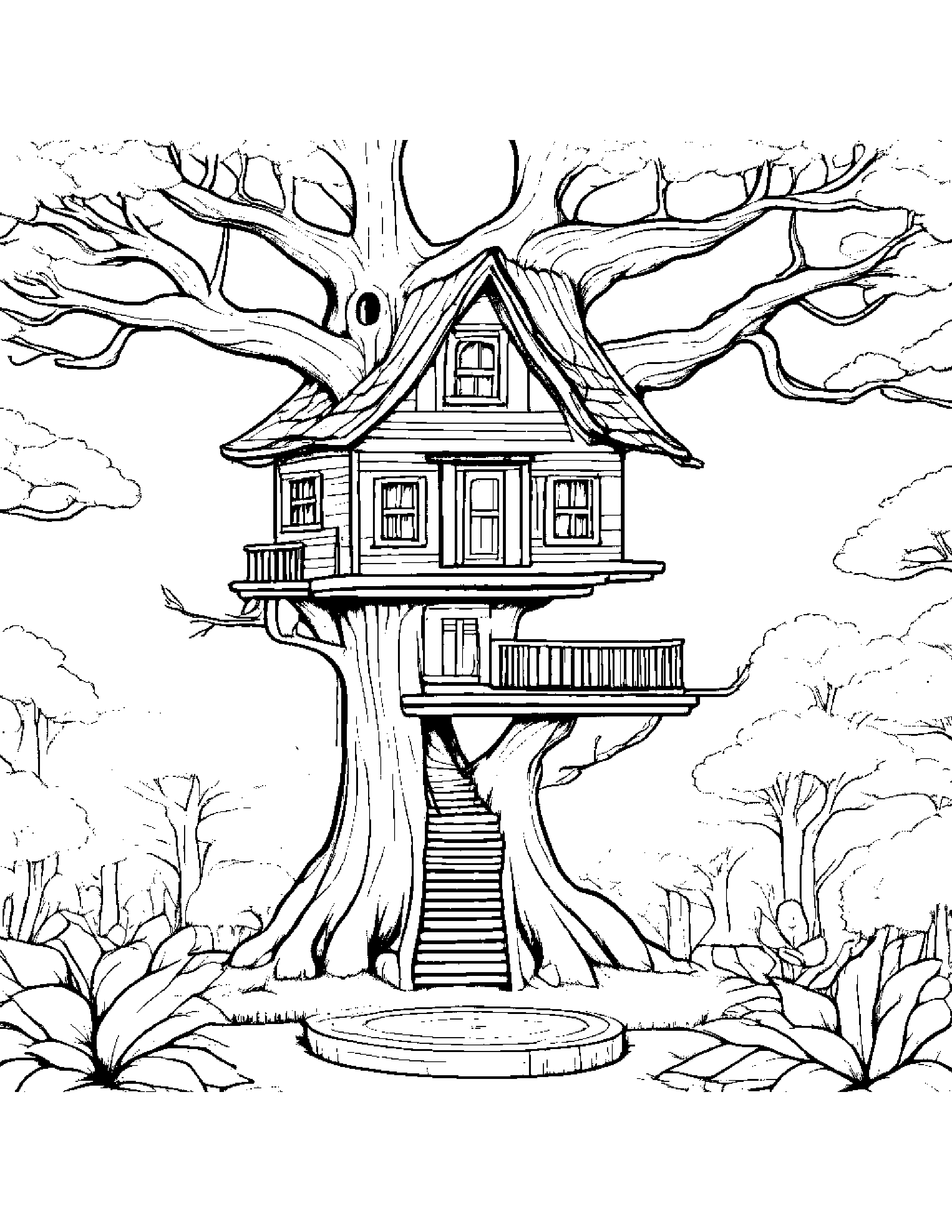 Gentle Treehouse With A Bow Coloring Page (Free Printable PDF)