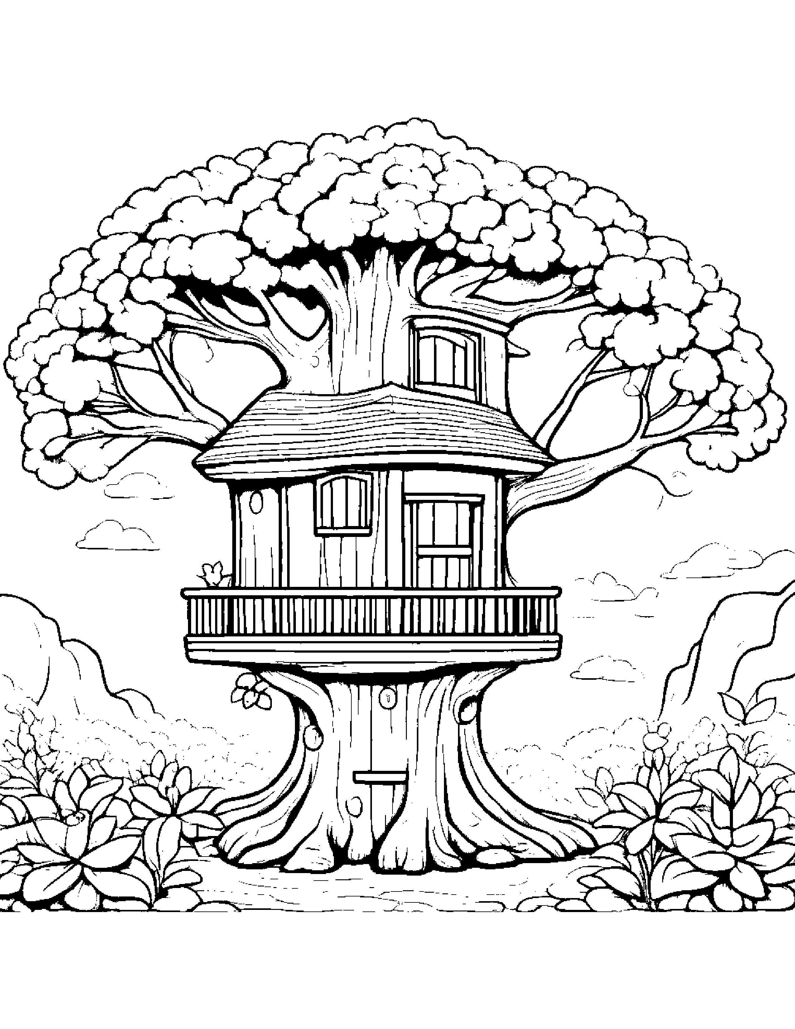 Happy Treehouse With A Flower #2 Coloring Page (Free Printable PDF)