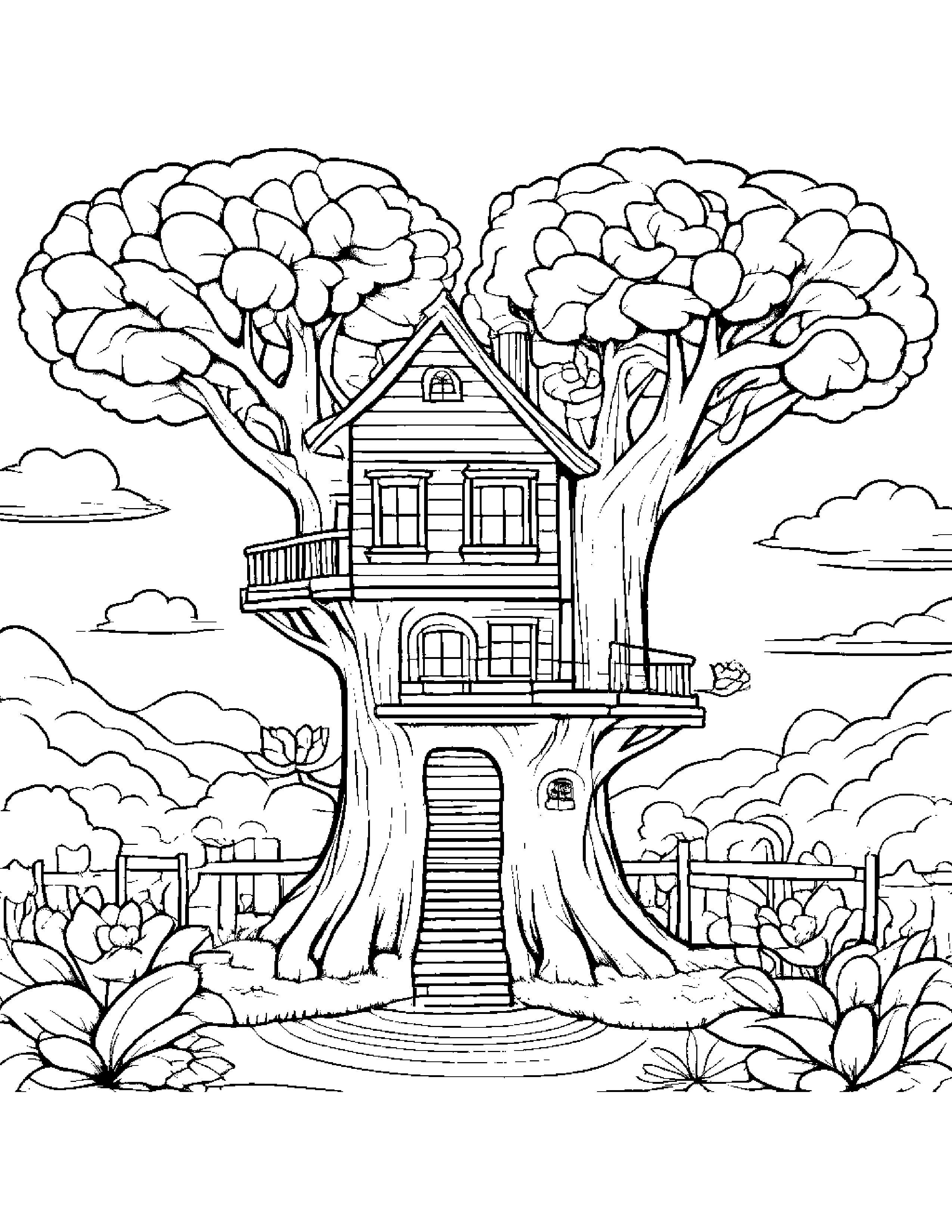 Happy Treehouse With A Flower Coloring Page (Free Printable PDF)