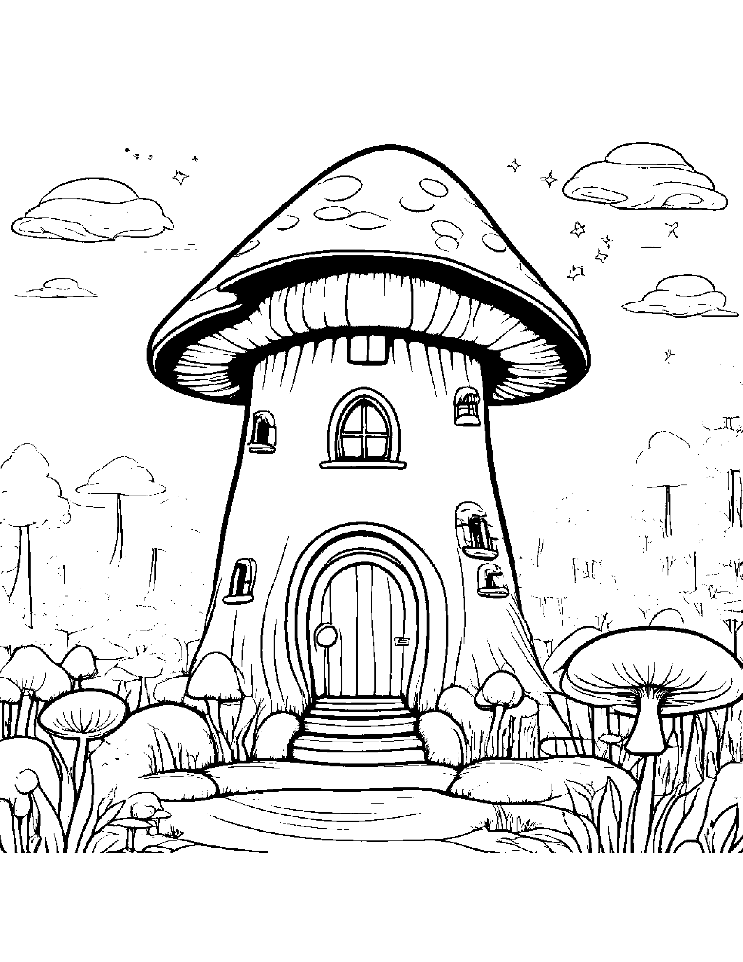 Mushroom House With A Star Coloring Page (Free Printable PDF)