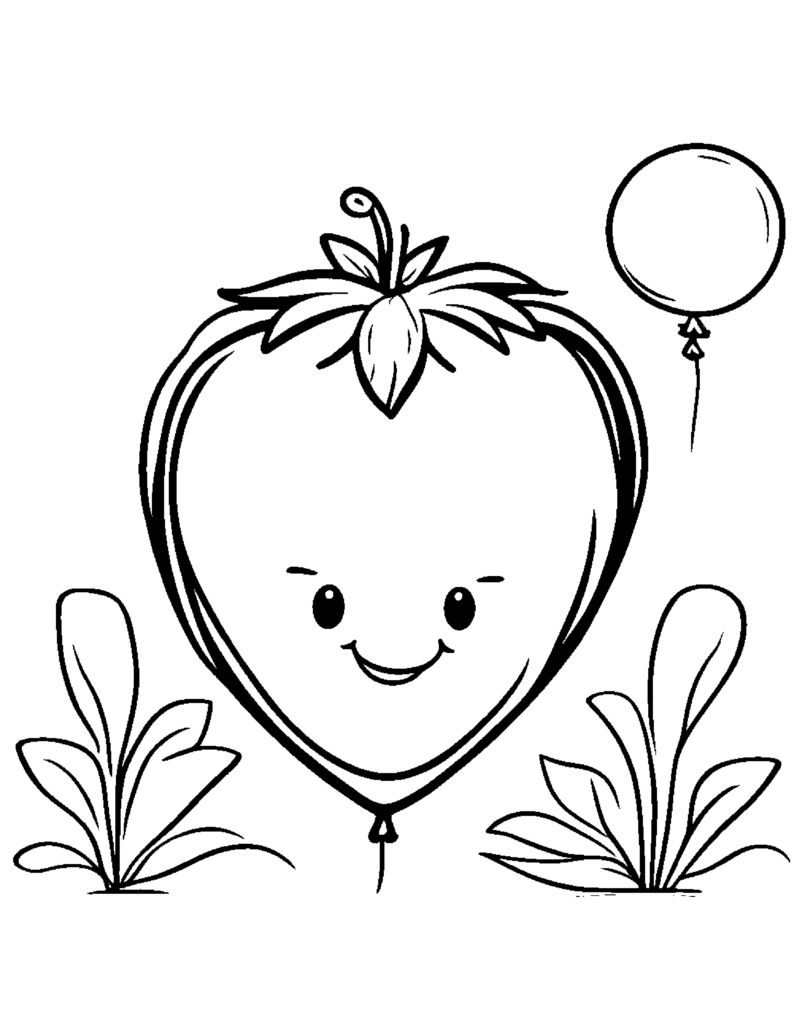 Smiling Strawberry With Balloon Coloring Page (Free Printable PDF)