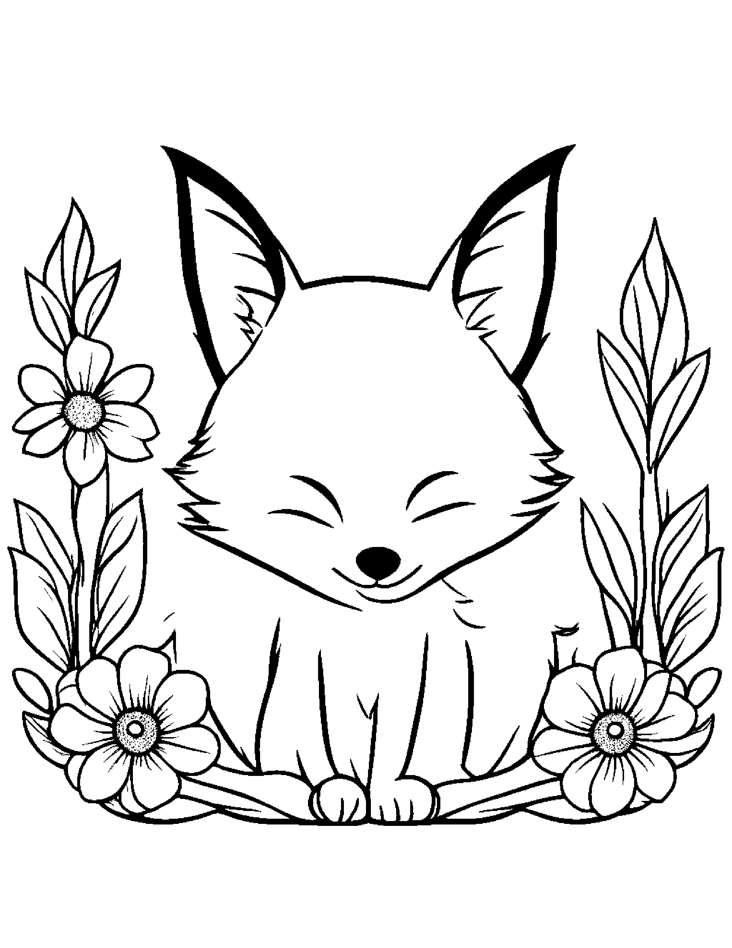 Sleepy Fox With A Flower #2 Coloring Page (Free Printable PDF)