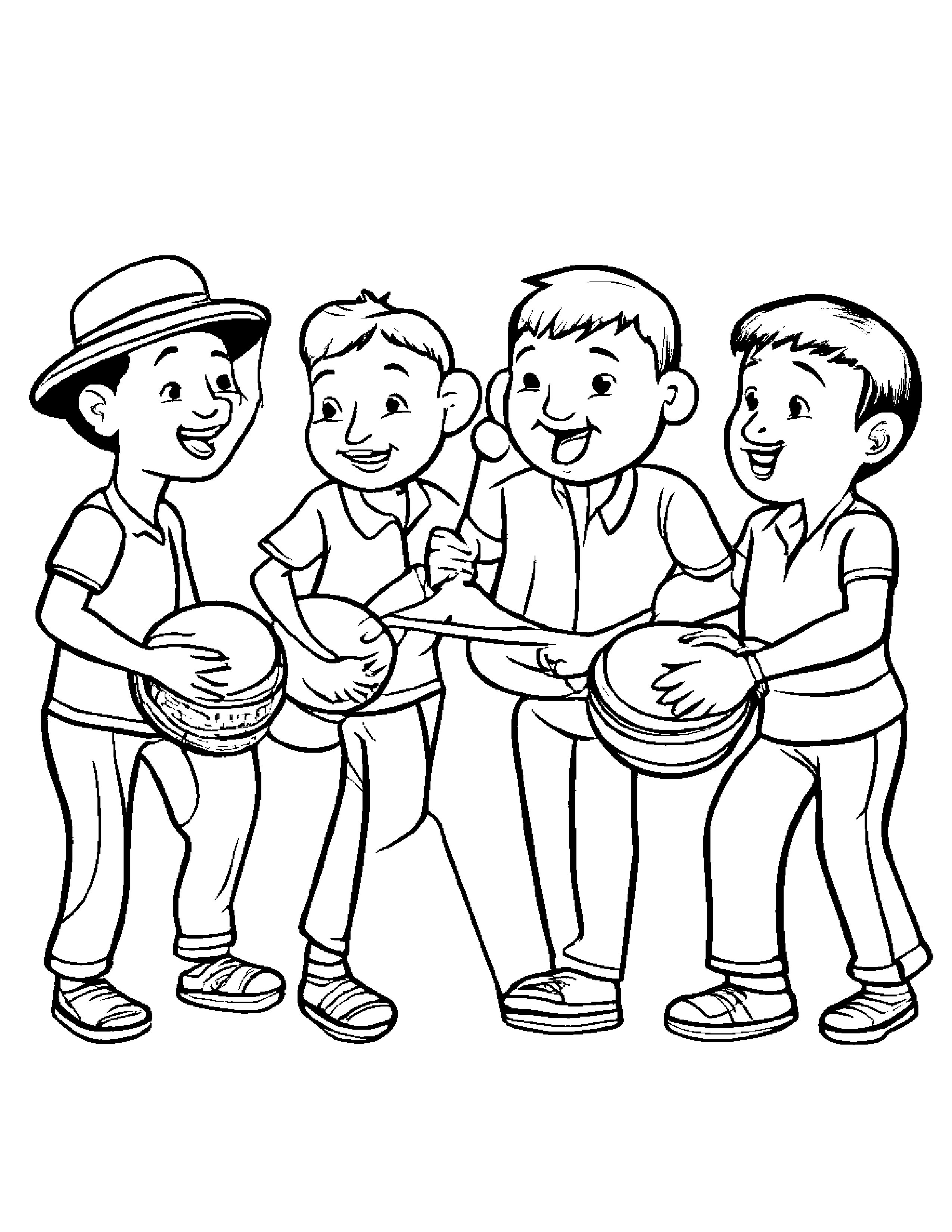 A Group Of Boys Playing The Maracas And Congas While Dancing To Latin Music Coloring Page (Free Printable PDF)