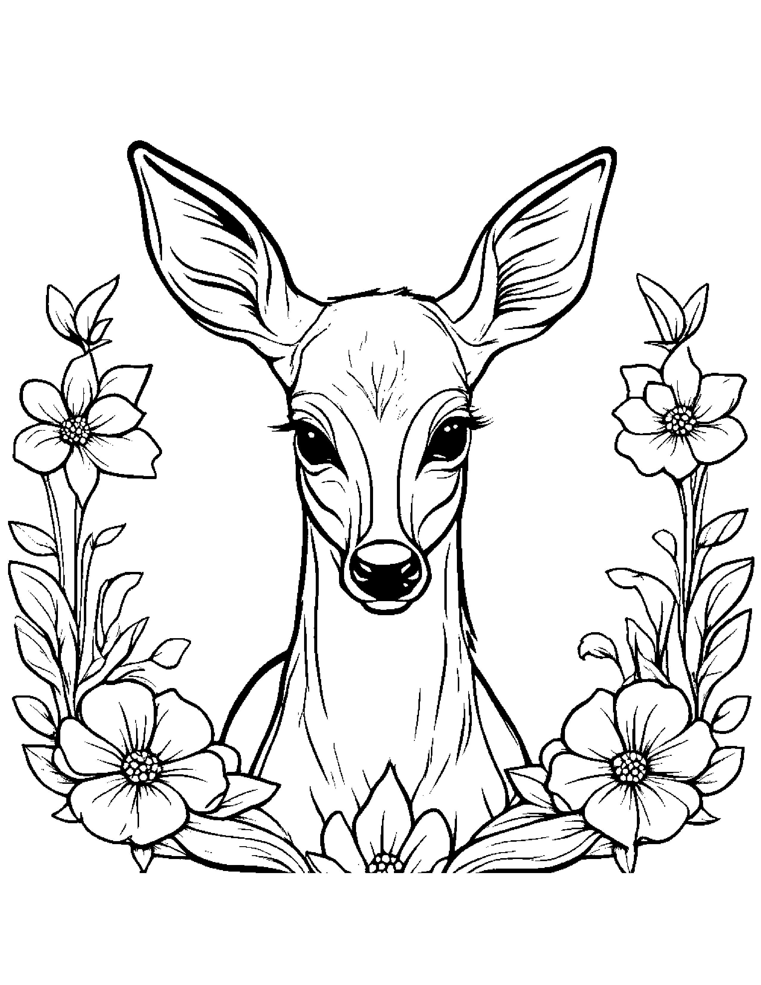 Gentle Deer Fawn With A Flower #2 Coloring Page (Free Printable PDF)