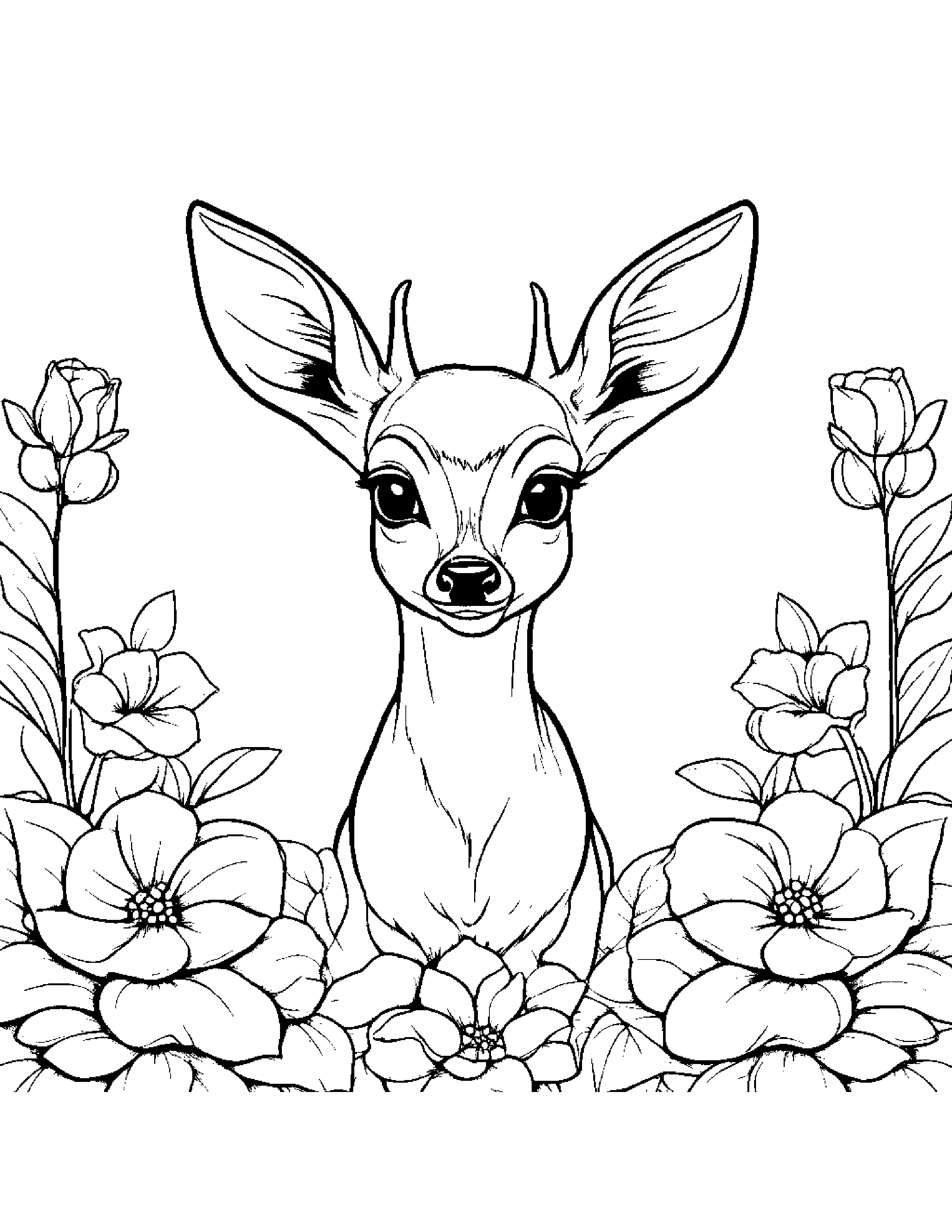 Gentle Deer Fawn With A Flower Coloring Page (Free Printable PDF)