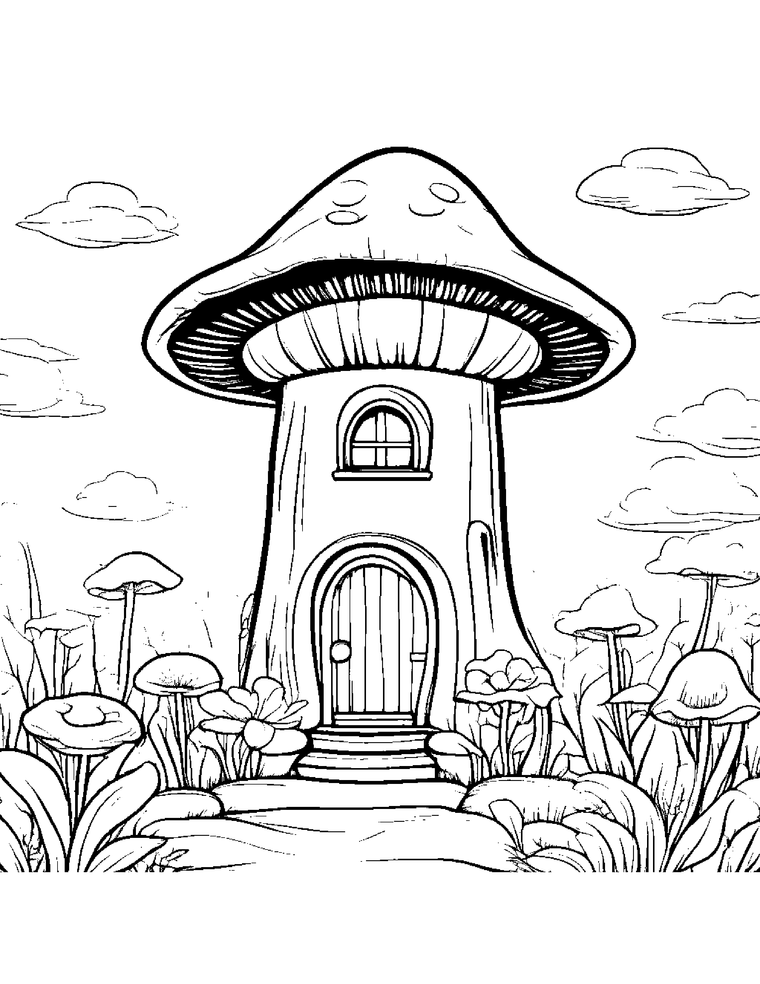Mushroom House With A Flower Coloring Page (Free Printable PDF)