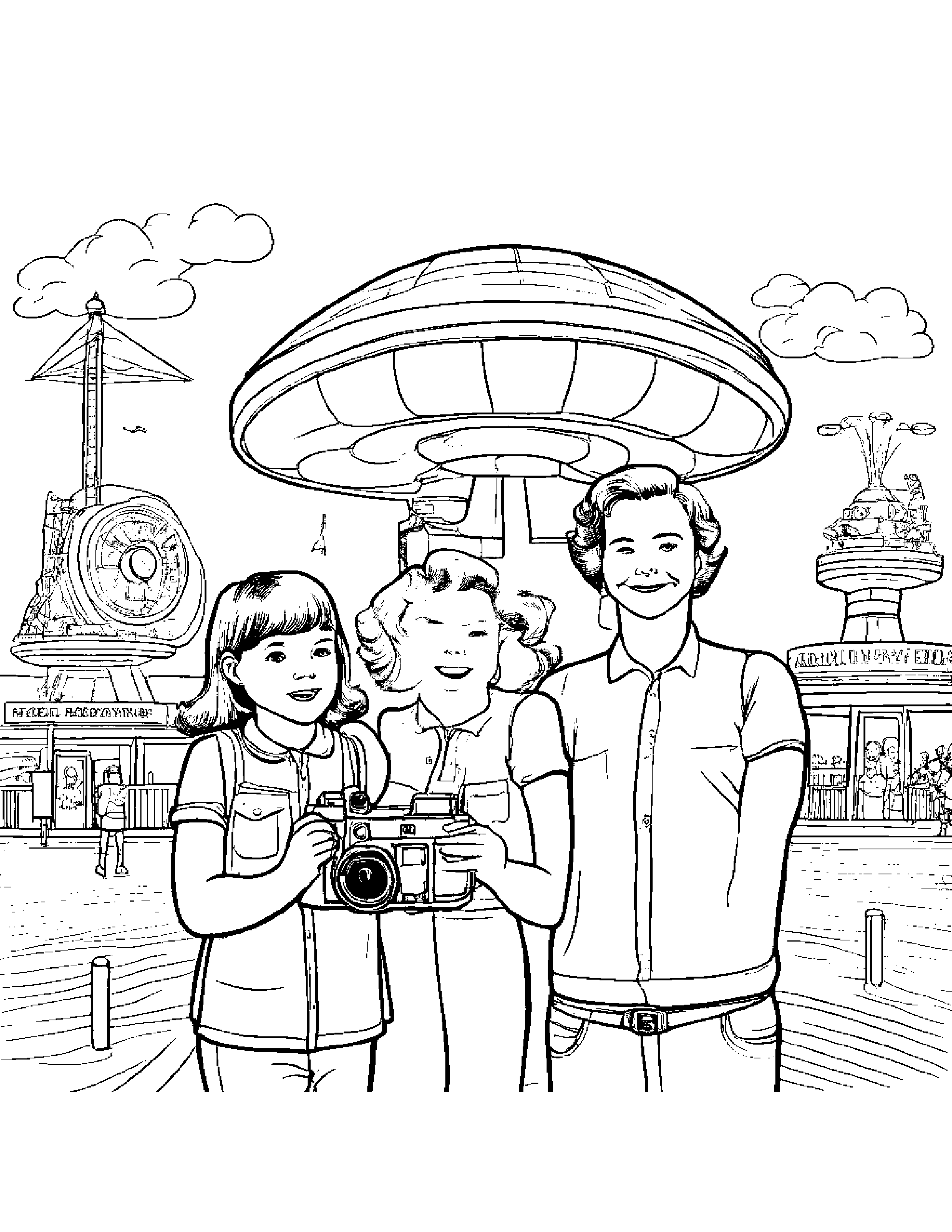 A Family Taking Photos Using A Vintage Camera At A Retro Amusement Park Coloring Page (Free Printable PDF)