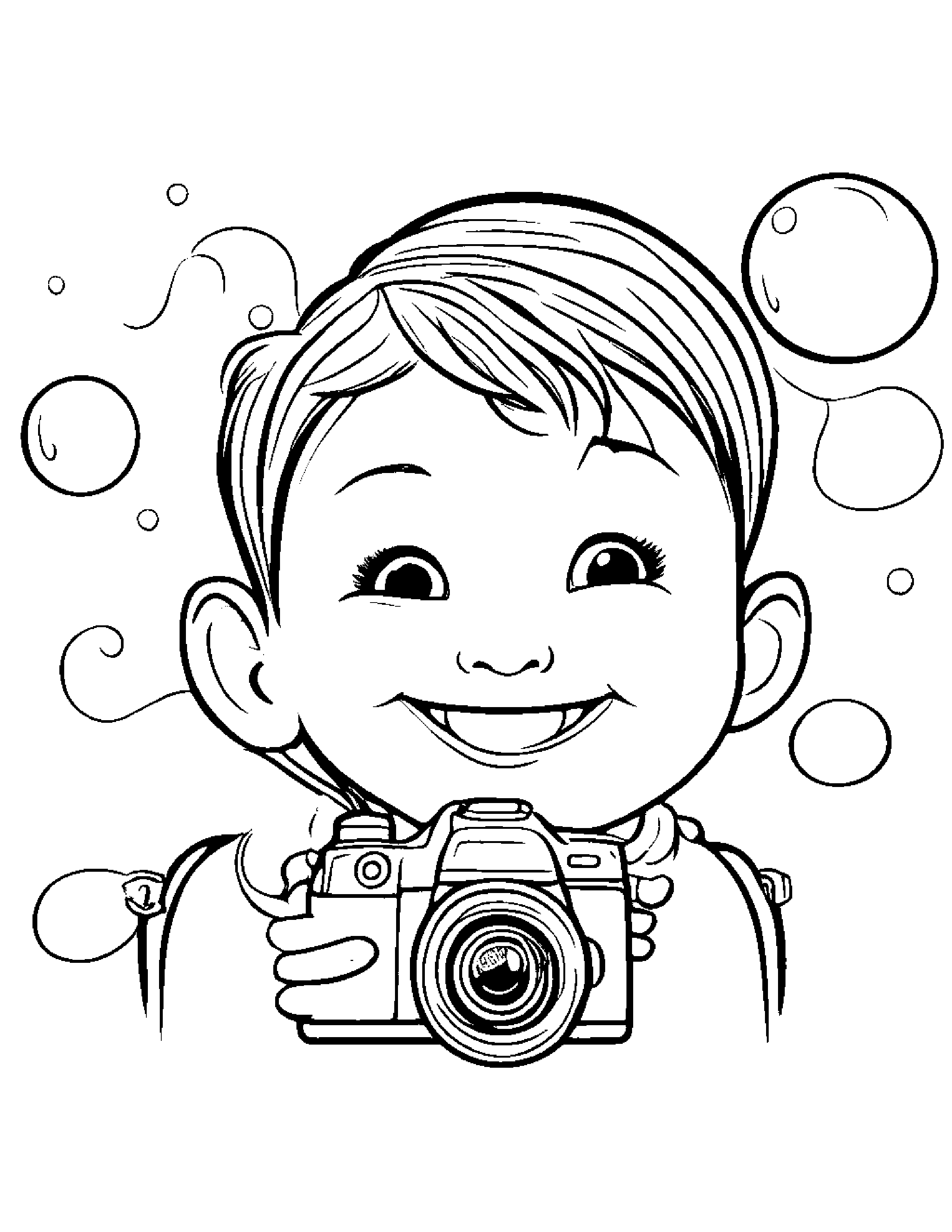 Smiling Camera With Strap Blowing Bubbles Coloring Page (Free Printable PDF)