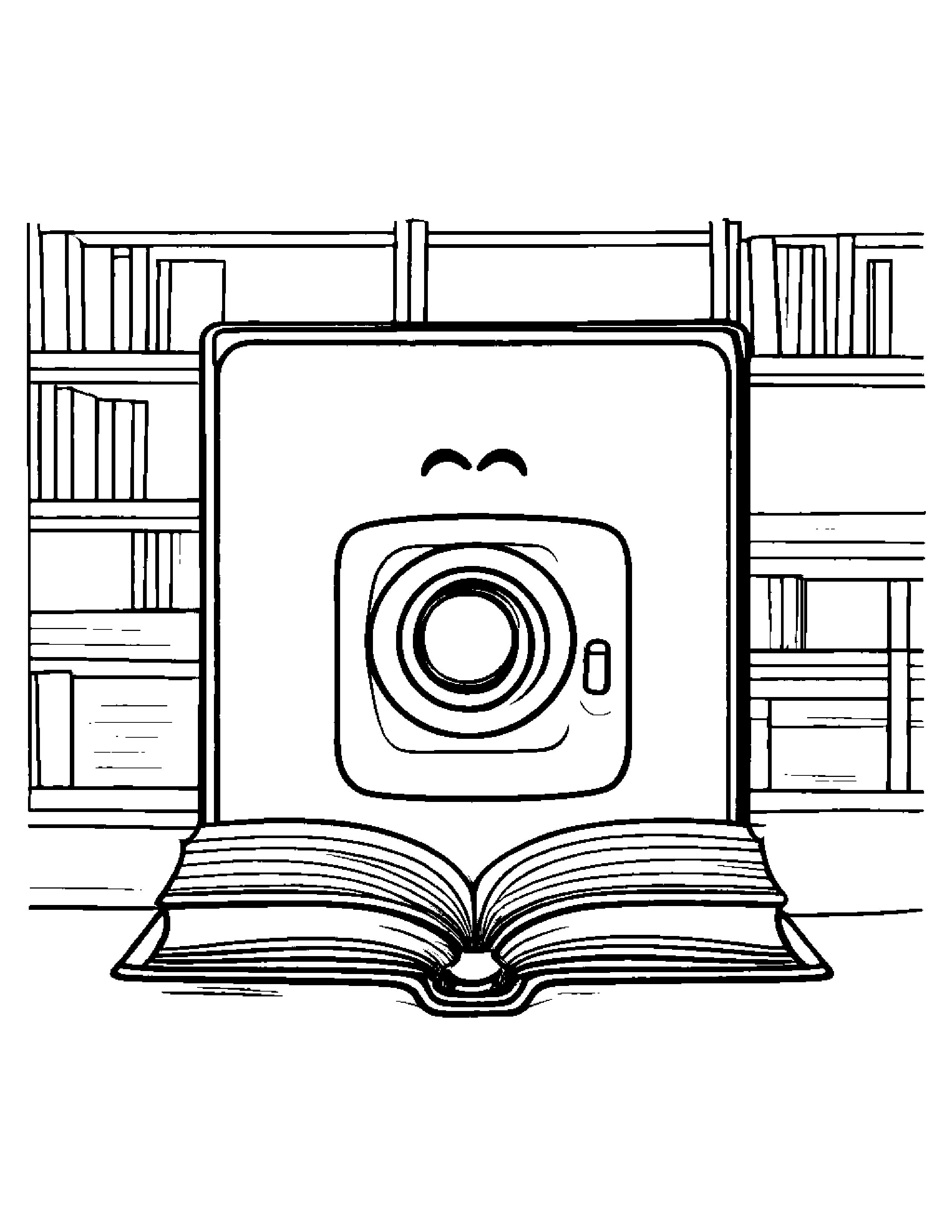 Tiny Smiling Camera Reading A Book Coloring Page (Free Printable PDF)