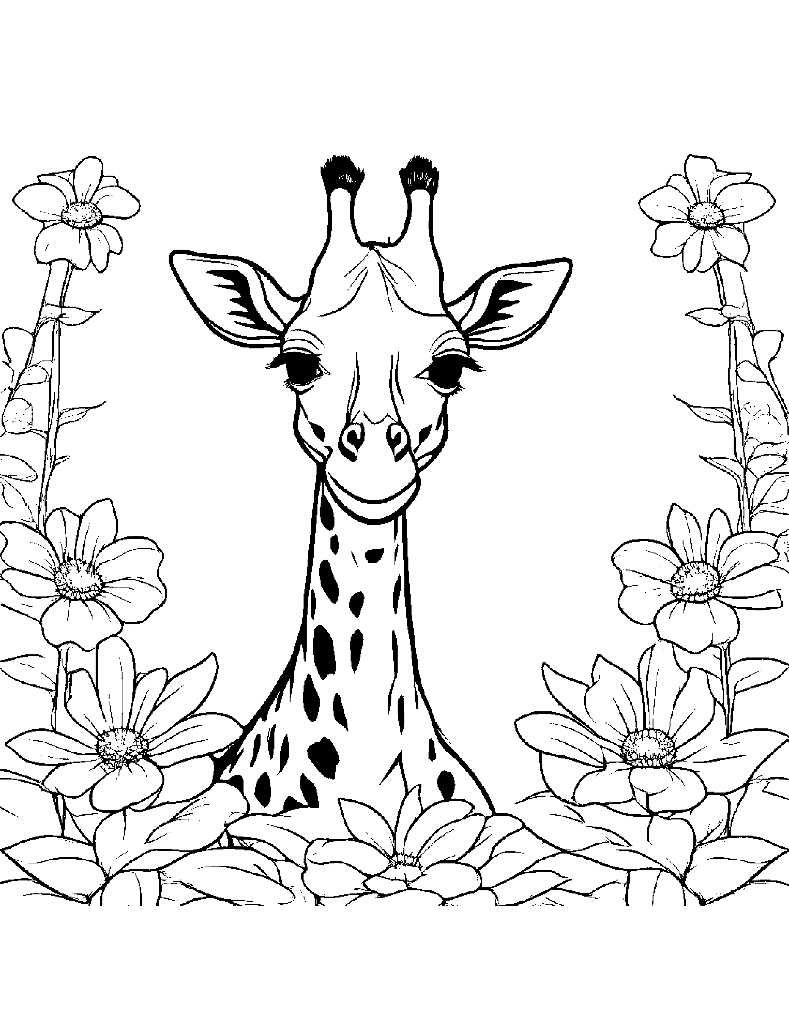 Gentle Giraffe With A Flower Coloring Page (Free Printable PDF)