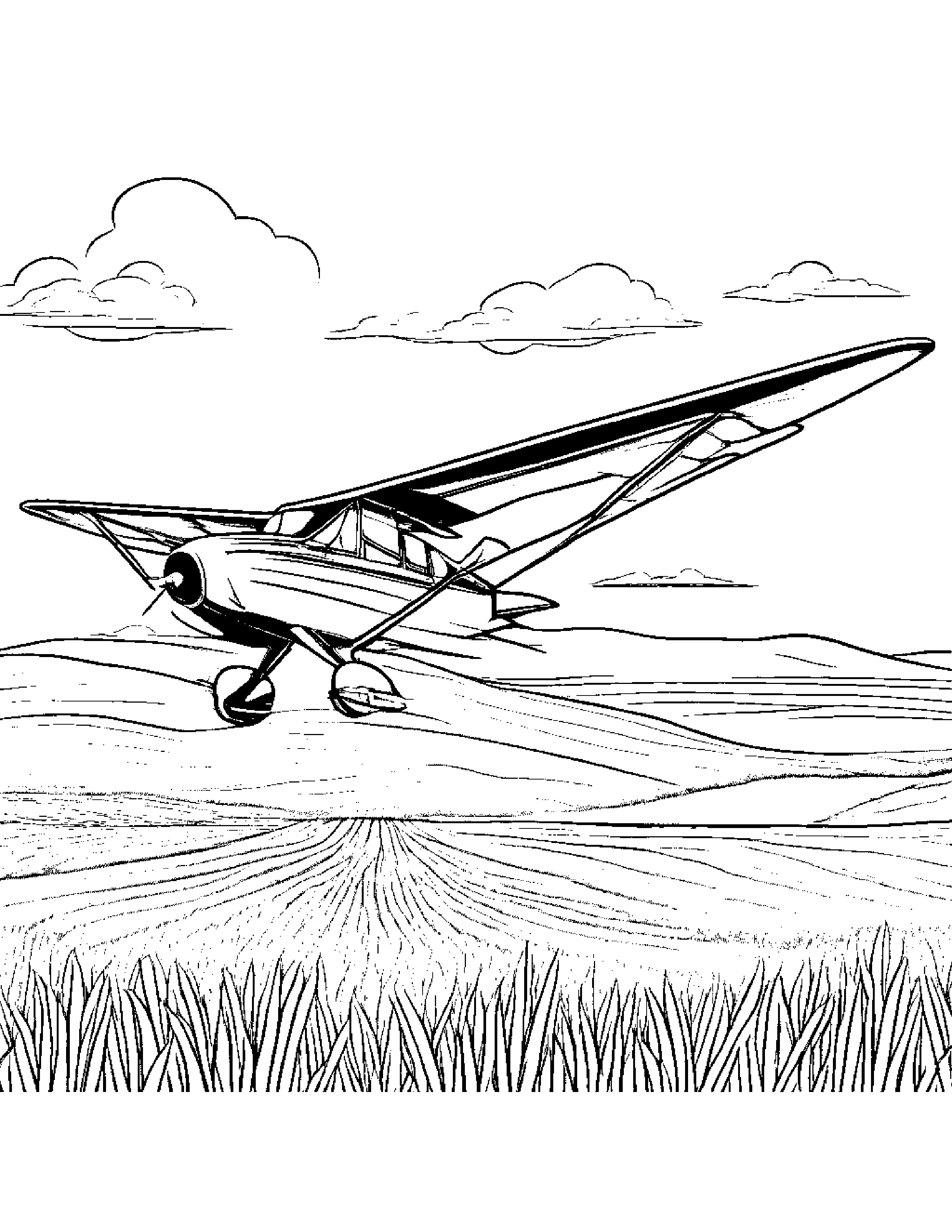 A Crop Duster Flying Low Over A Field Coloring Page (Free Printable PDF)