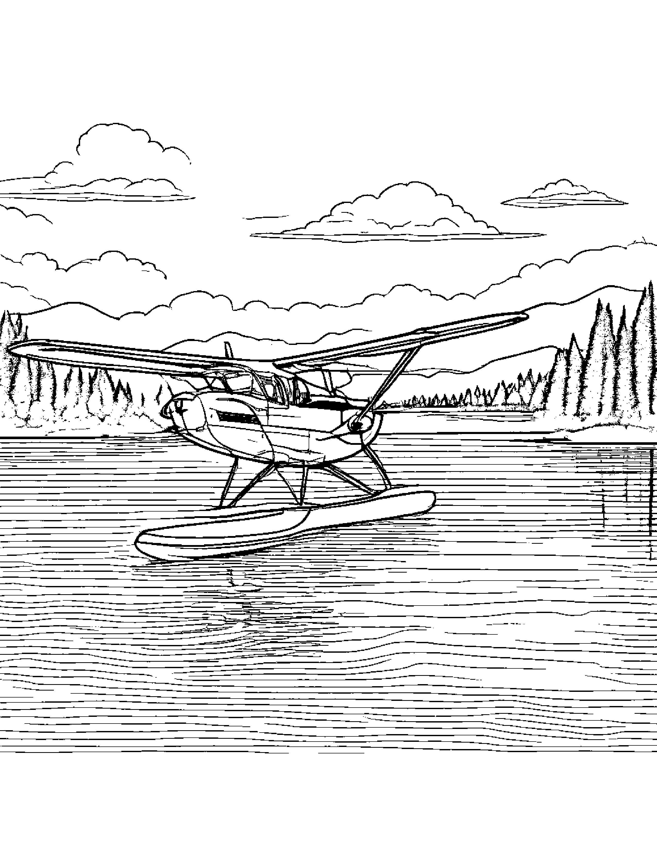 A Floatplane Taking Off From A Lake Coloring Page (Free Printable PDF)