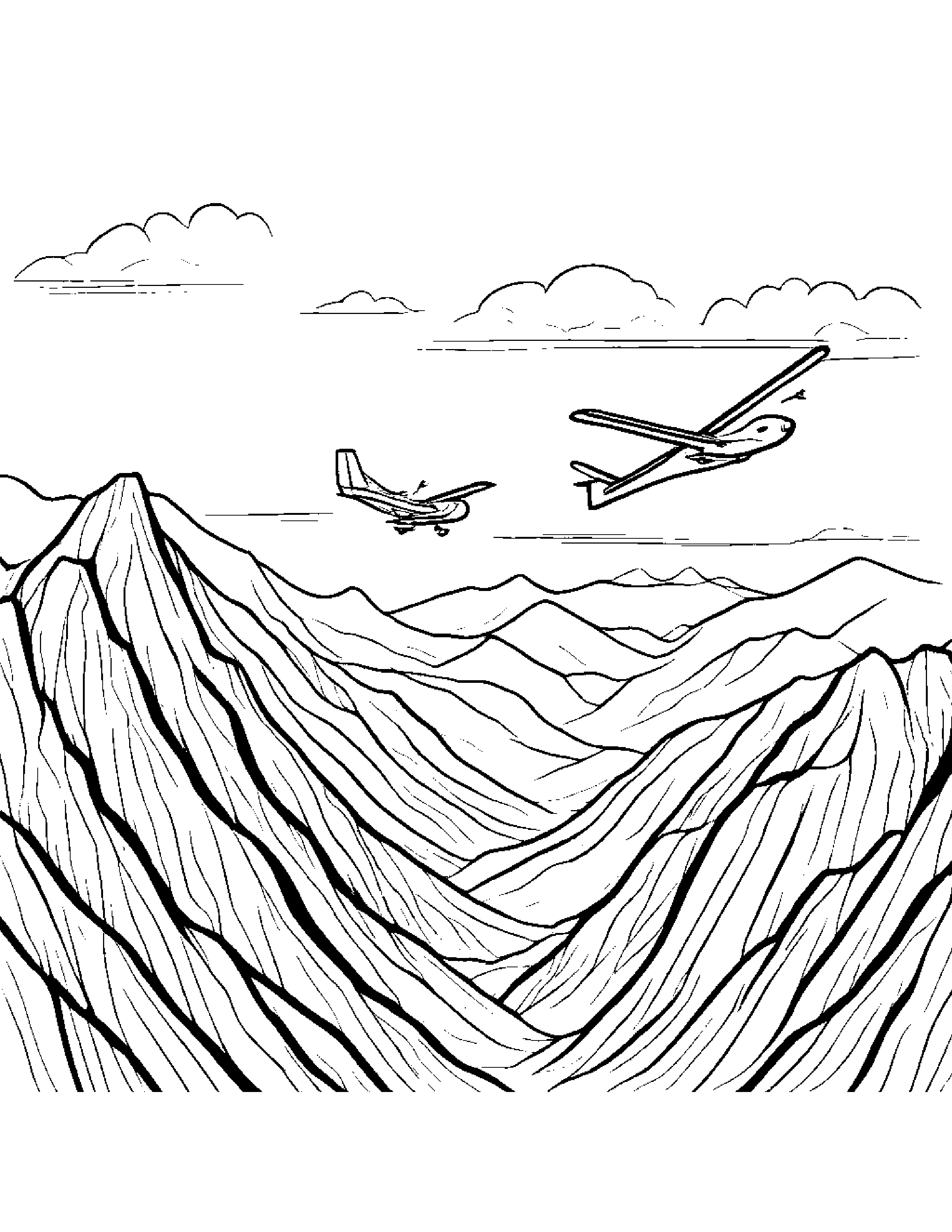 A Glider Flying Quietly Over Mountains Coloring Page (Free Printable PDF)