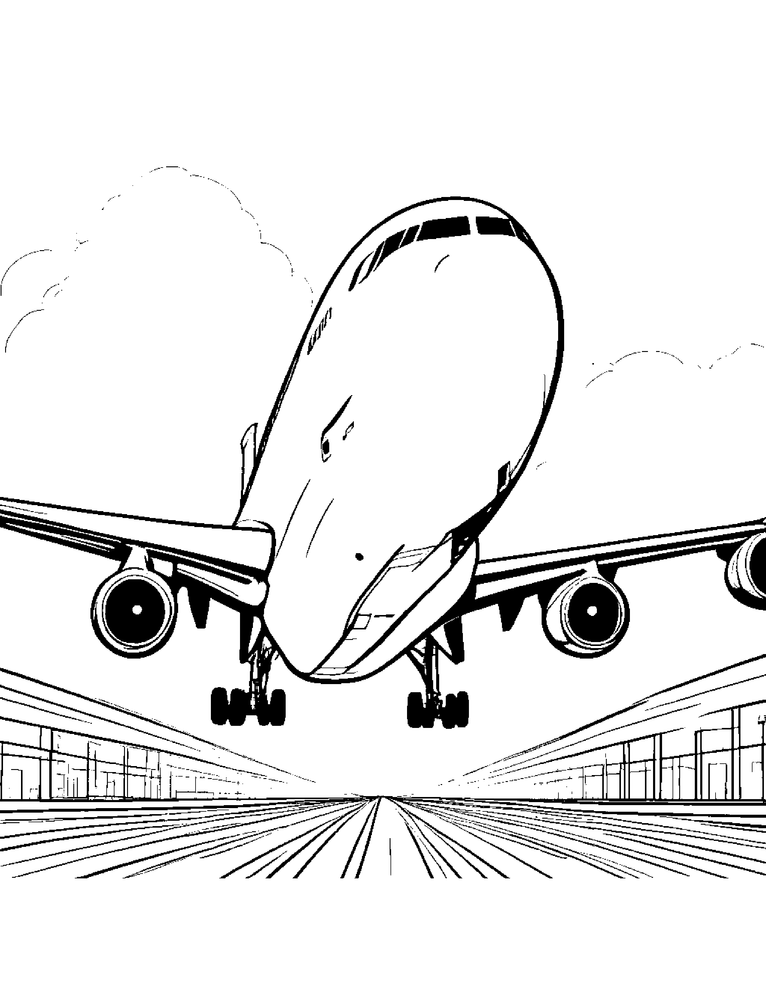 A Jumbo Jet Landing At Night Coloring Page (Free Printable PDF)