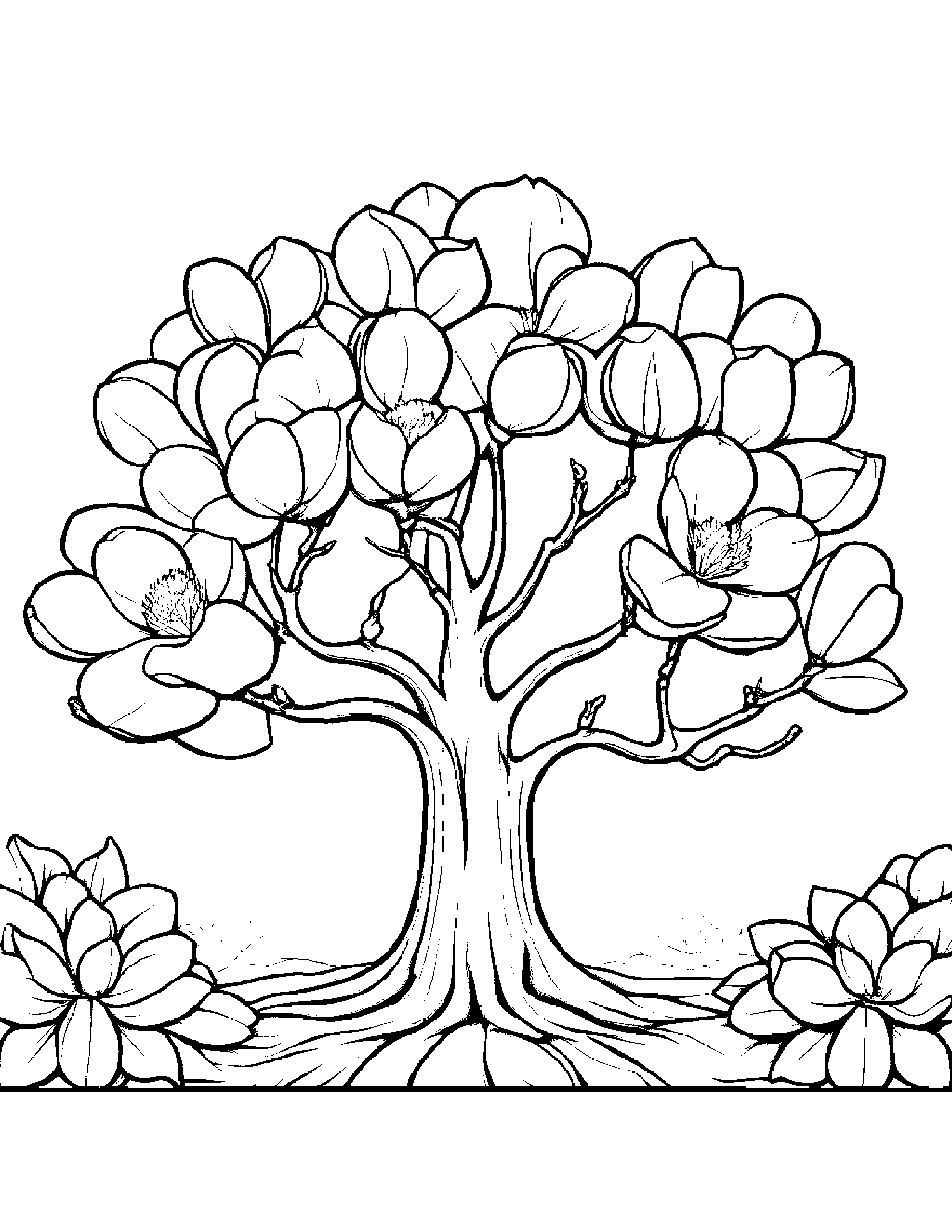 A Flowering Magnolia Tree In Full Bloom Coloring Page (Free Printable PDF)