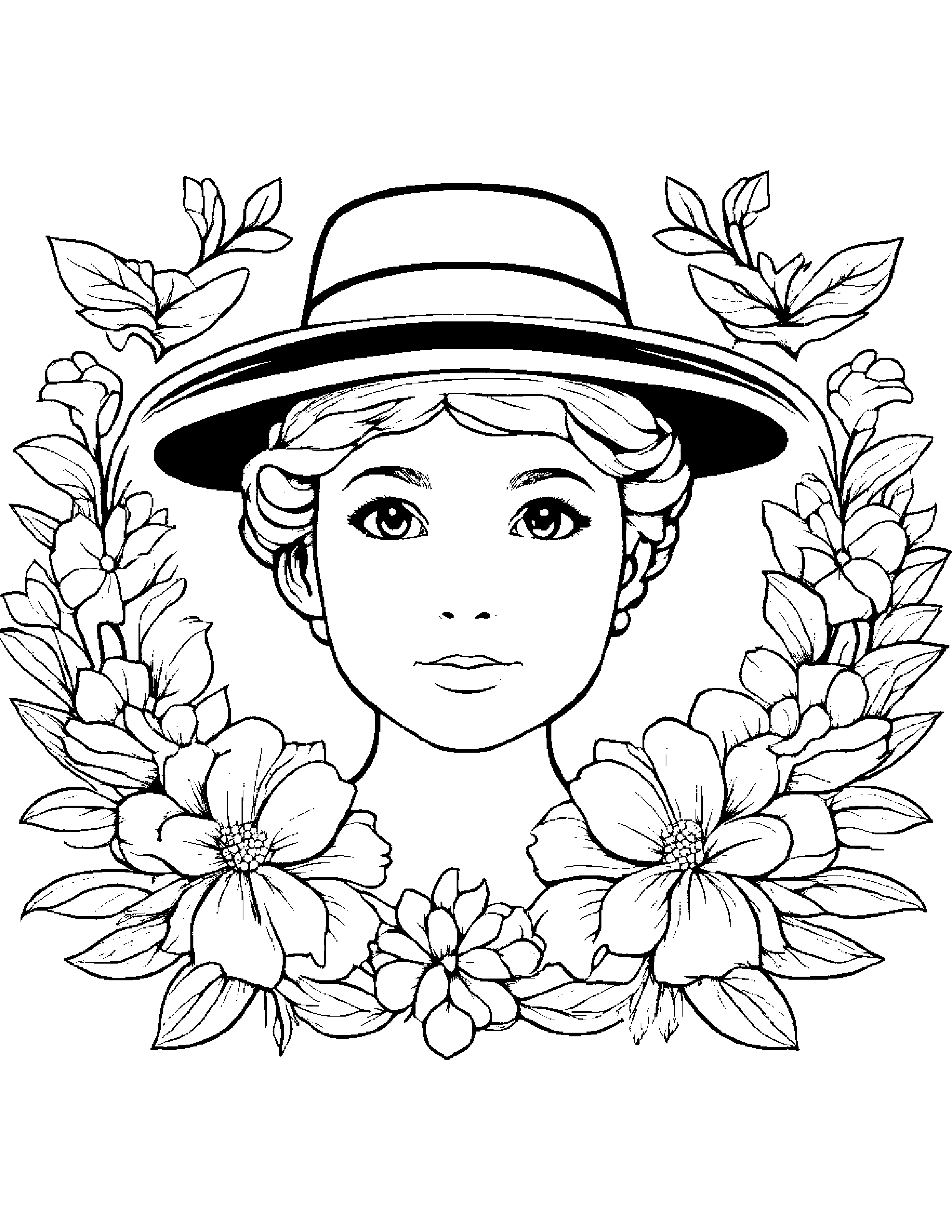 Flower Wreath Wearing A Hat #2 Coloring Page (Free Printable PDF)