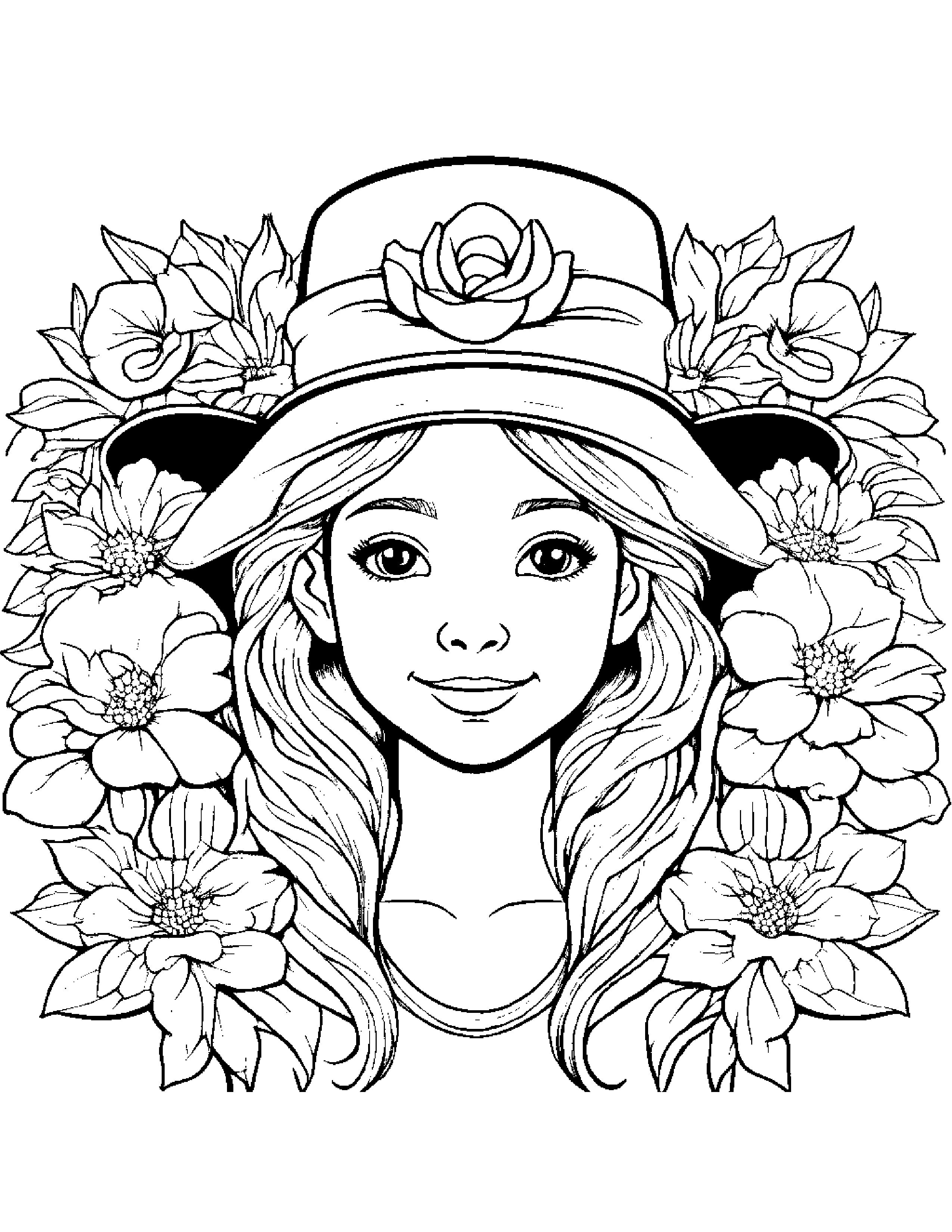 Flower Wreath Wearing A Hat #3 Coloring Page (Free Printable PDF)