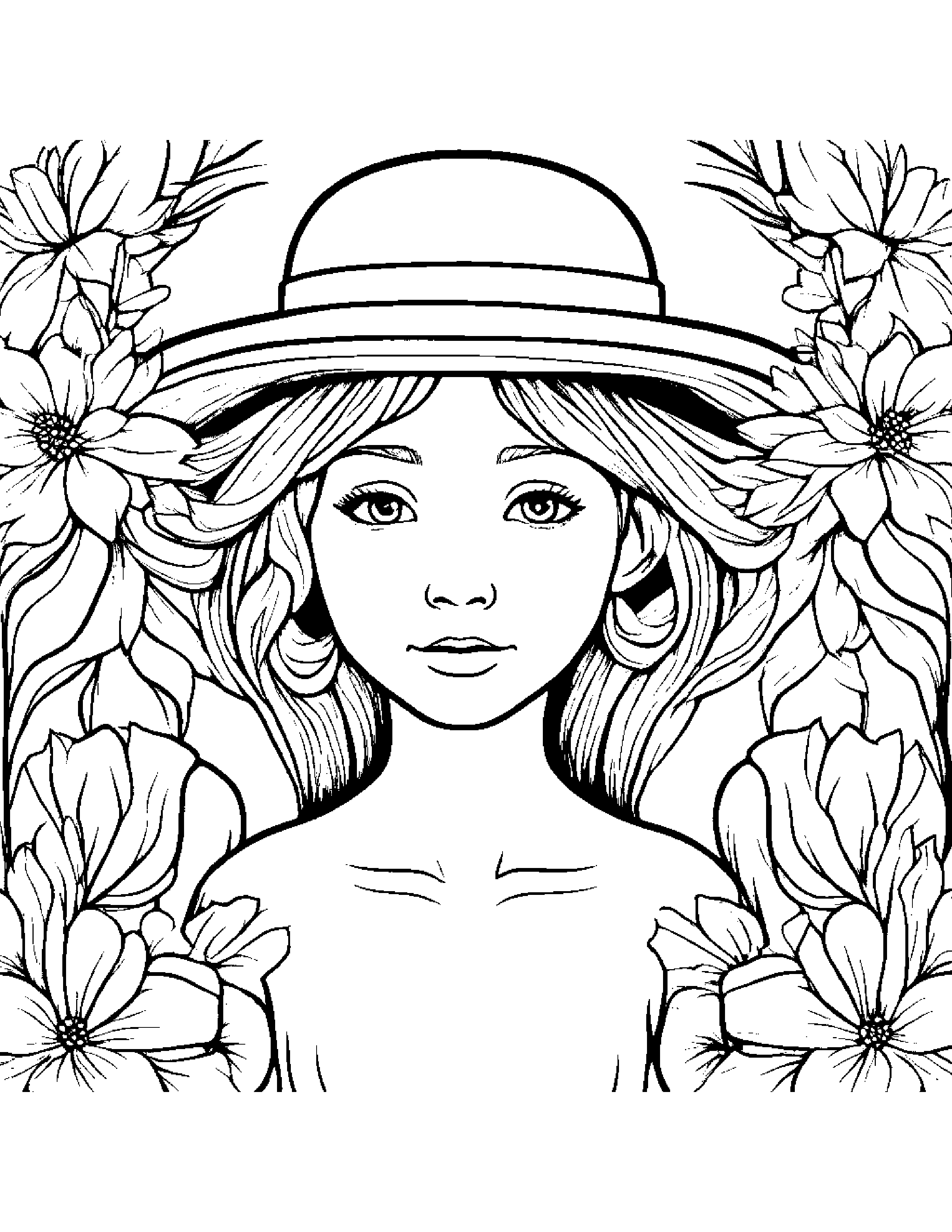 Flower Wreath Wearing A Hat Coloring Page (Free Printable PDF)