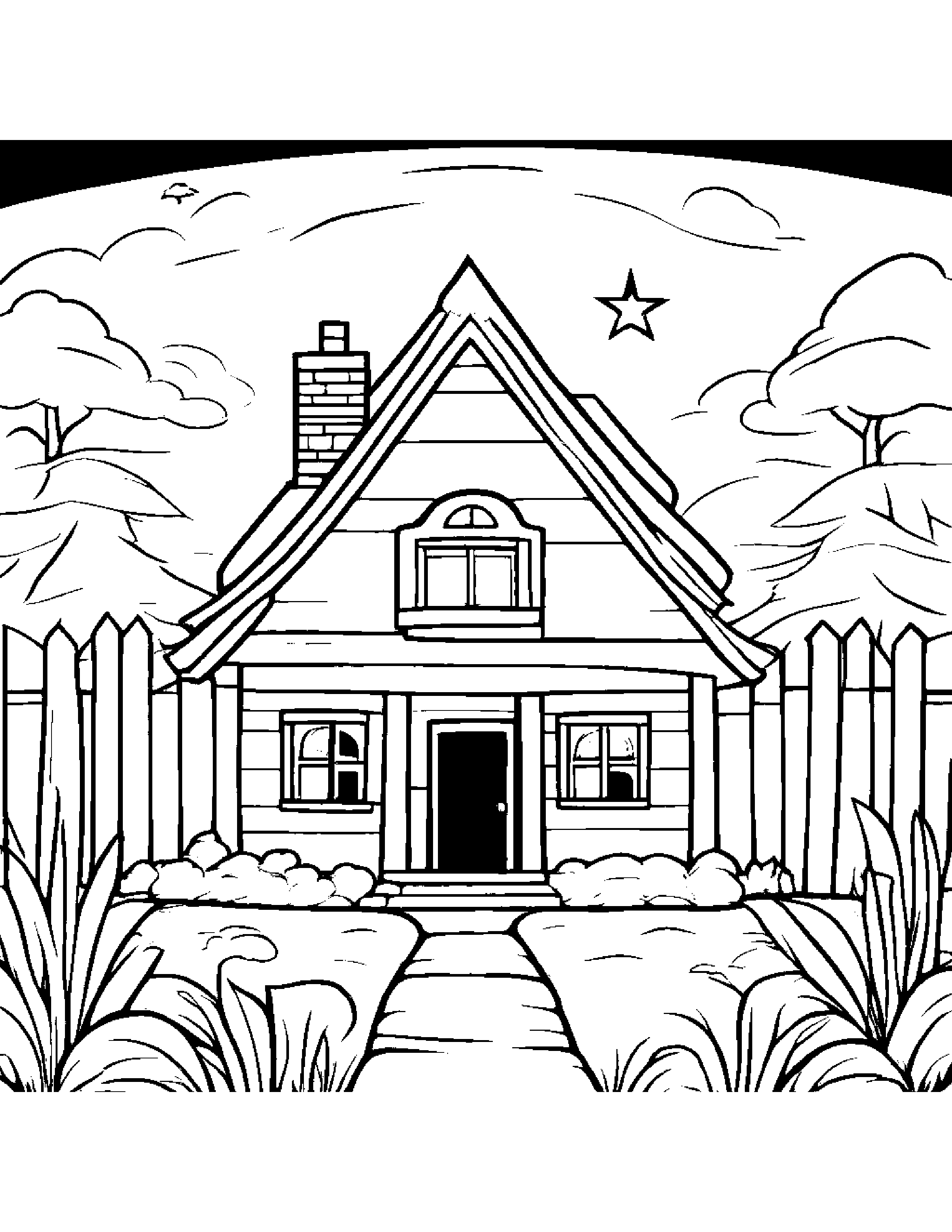 Sleepy Cozy Cottage With A Star Coloring Page (Free Printable PDF)