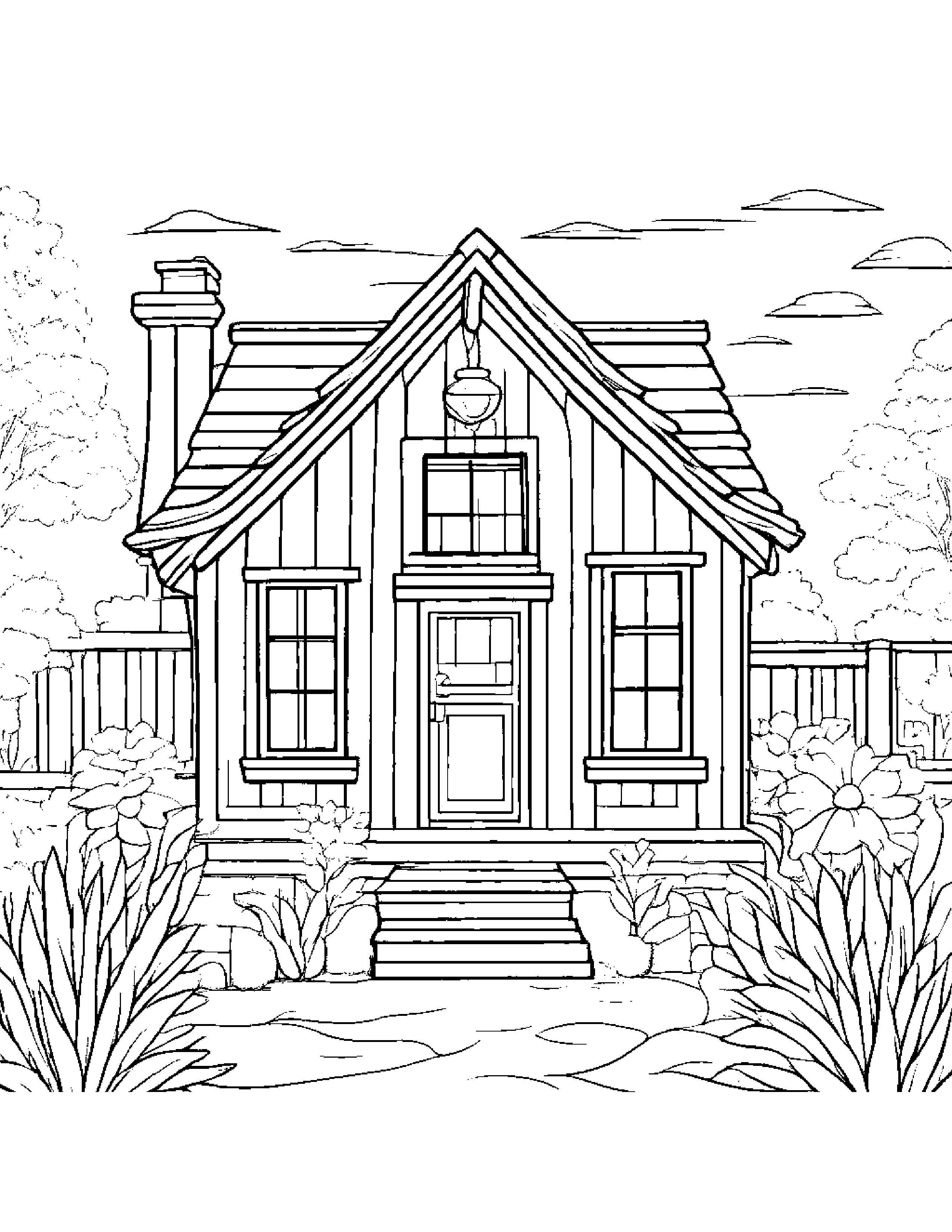 Smiling Cozy Cottage #2 Coloring Page (Free Printable PDF)