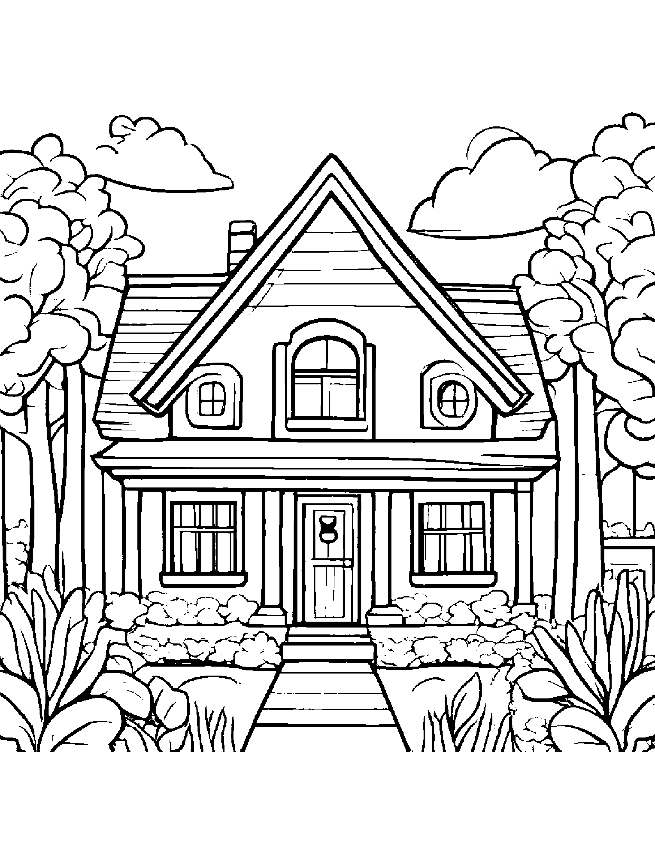 Smiling Cozy Cottage Coloring Page (Free Printable PDF)