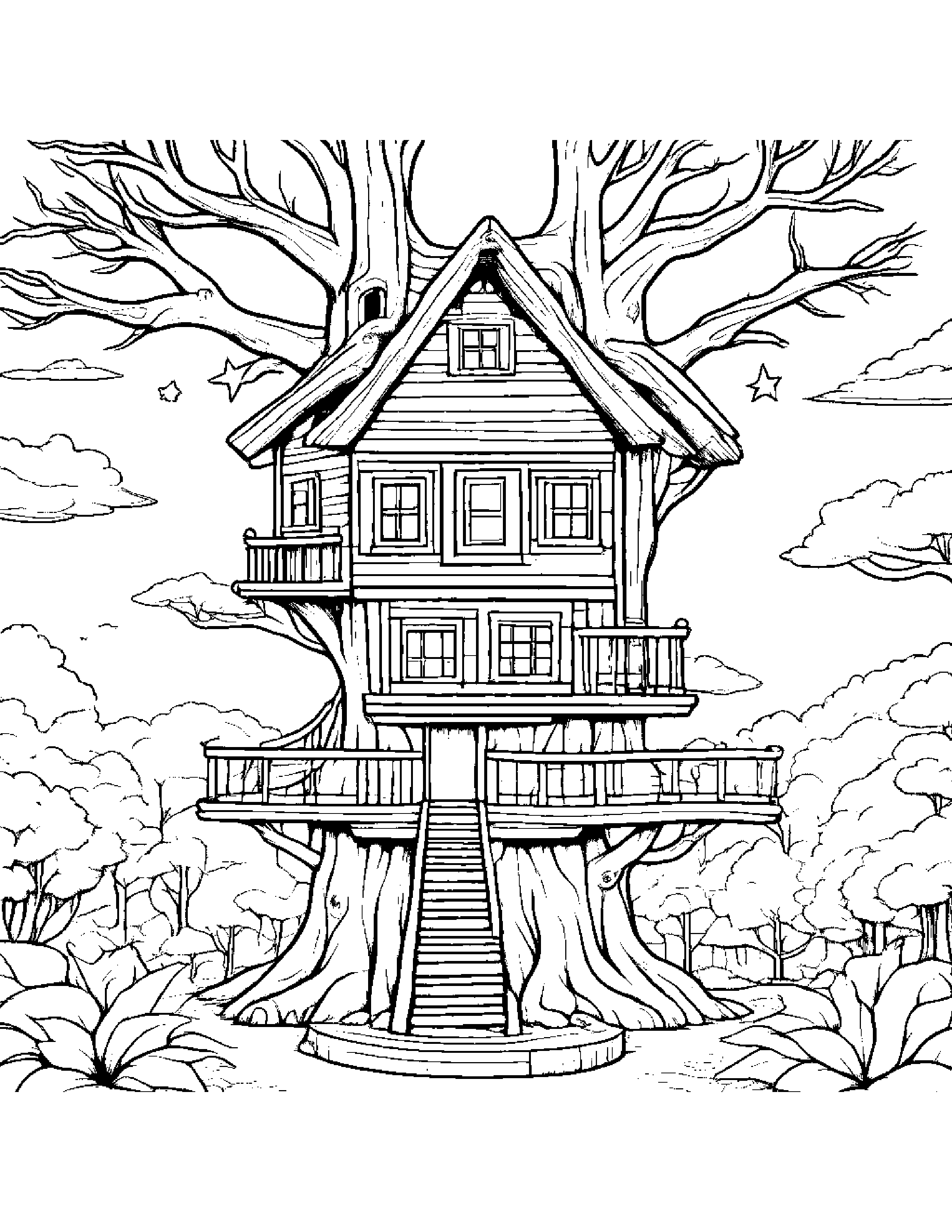 Treehouse With A Star #2 Coloring Page (Free Printable PDF)