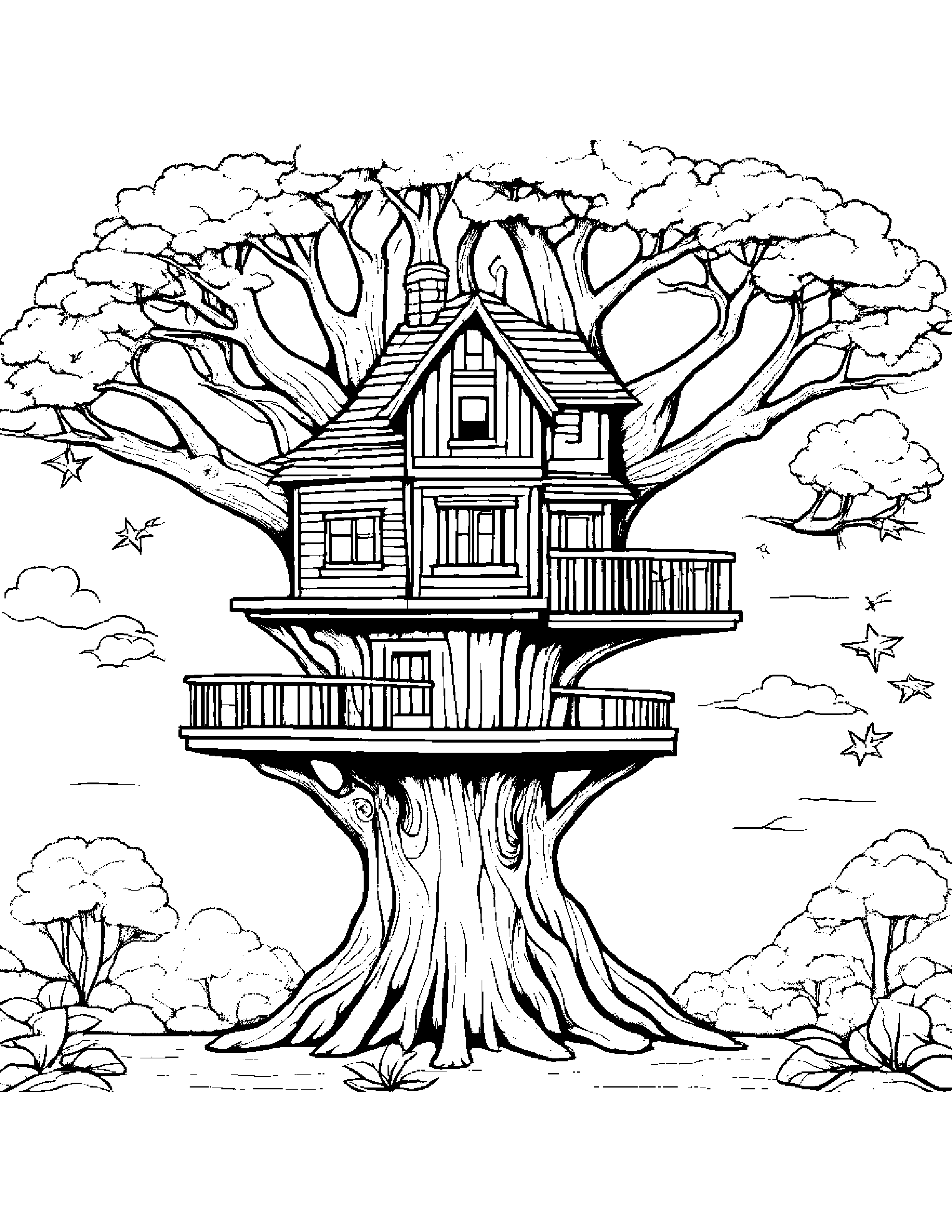 Treehouse With A Star #3 Coloring Page (Free Printable PDF)