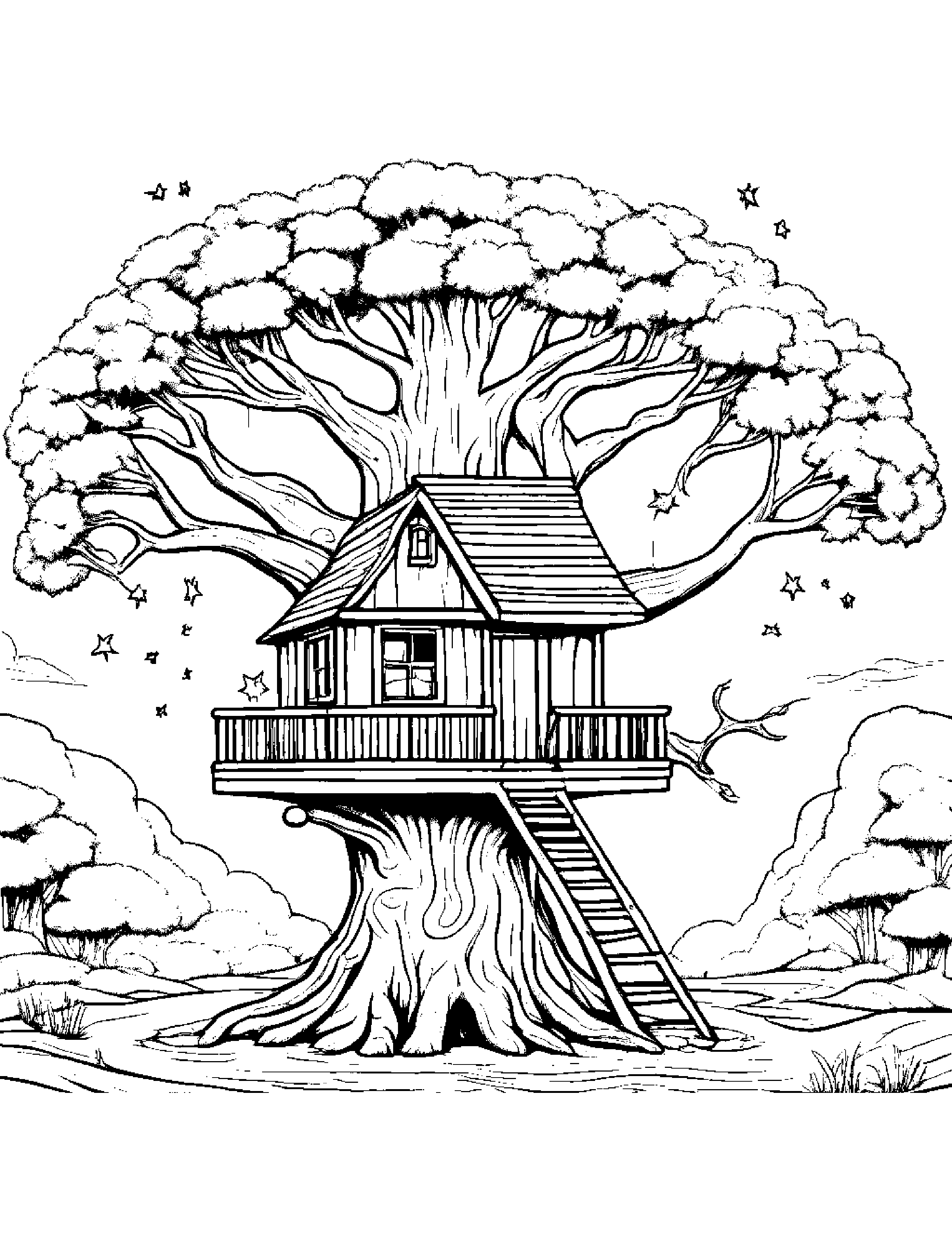Treehouse With A Star #4 Coloring Page (Free Printable PDF)