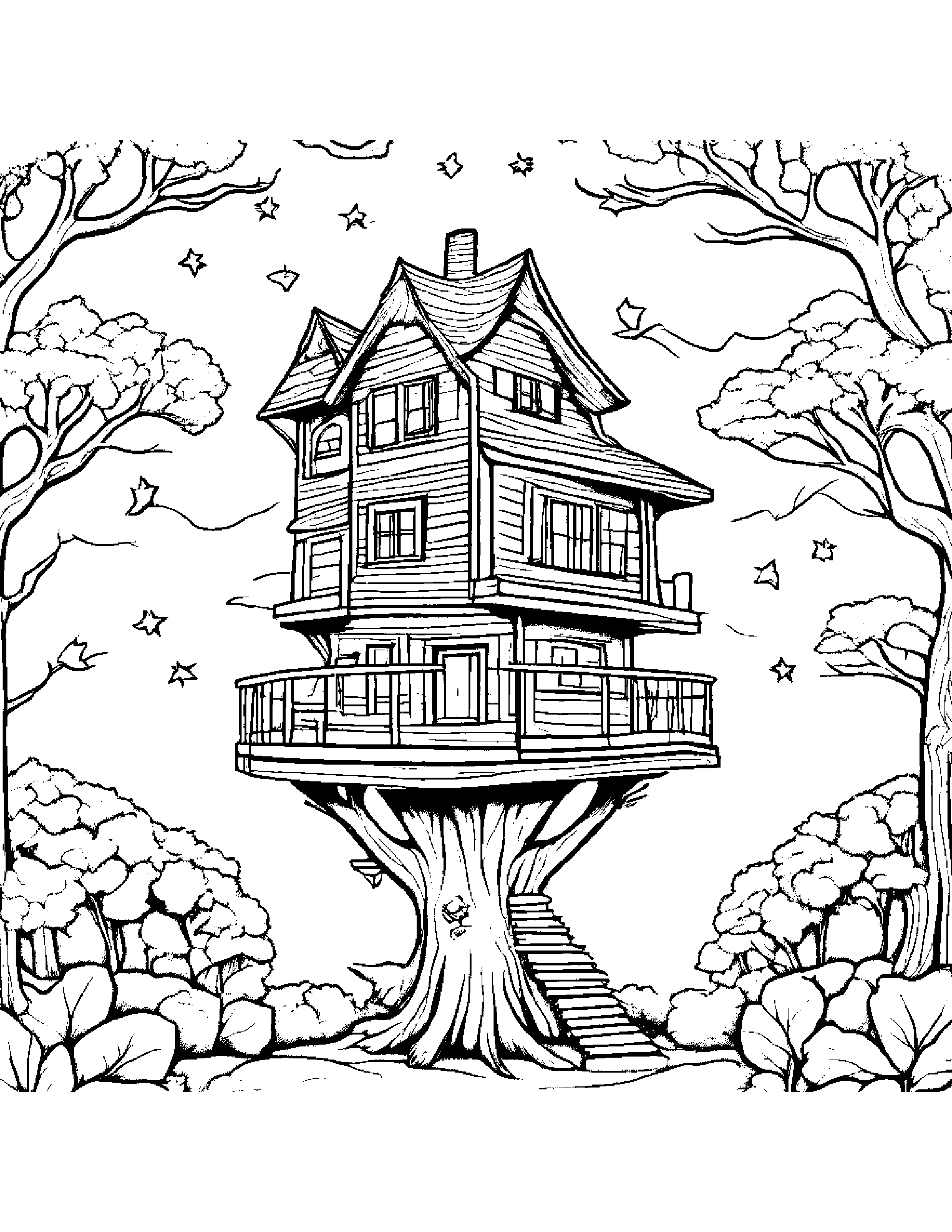 Treehouse With A Star Coloring Page (Free Printable PDF)
