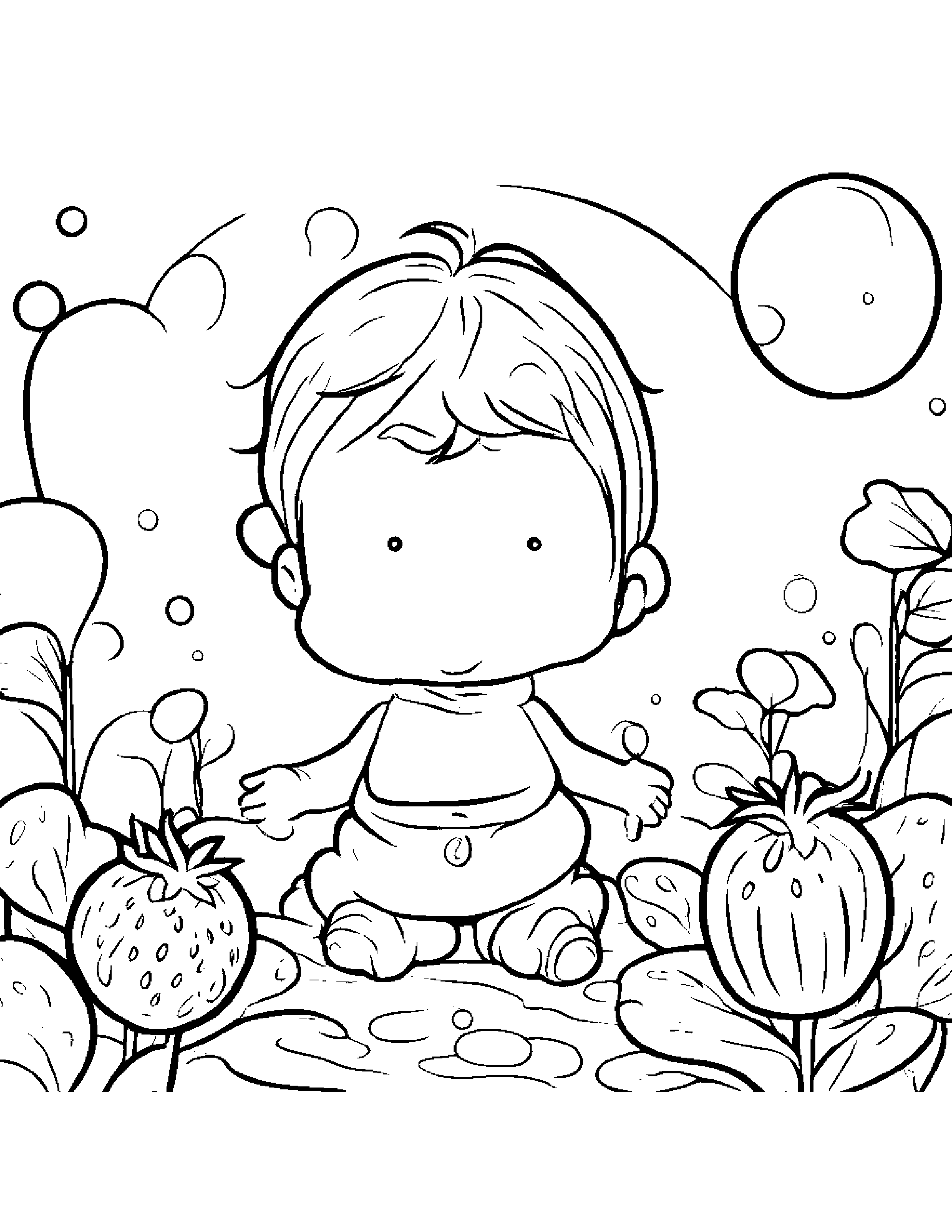 Little Strawberry Blowing Bubbles Coloring Page (Free Printable PDF)