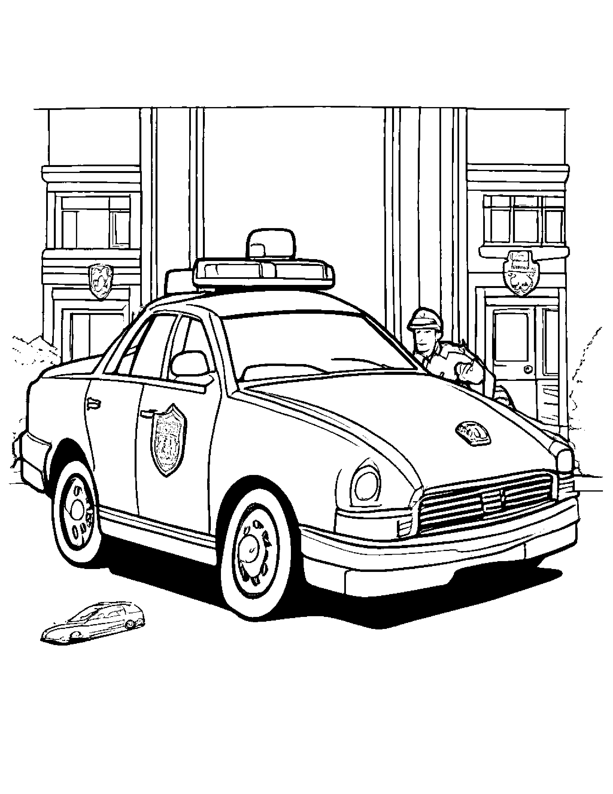 A Police Car Toy With Two Officer Action Figures Inside Coloring Page (Free Printable PDF)
