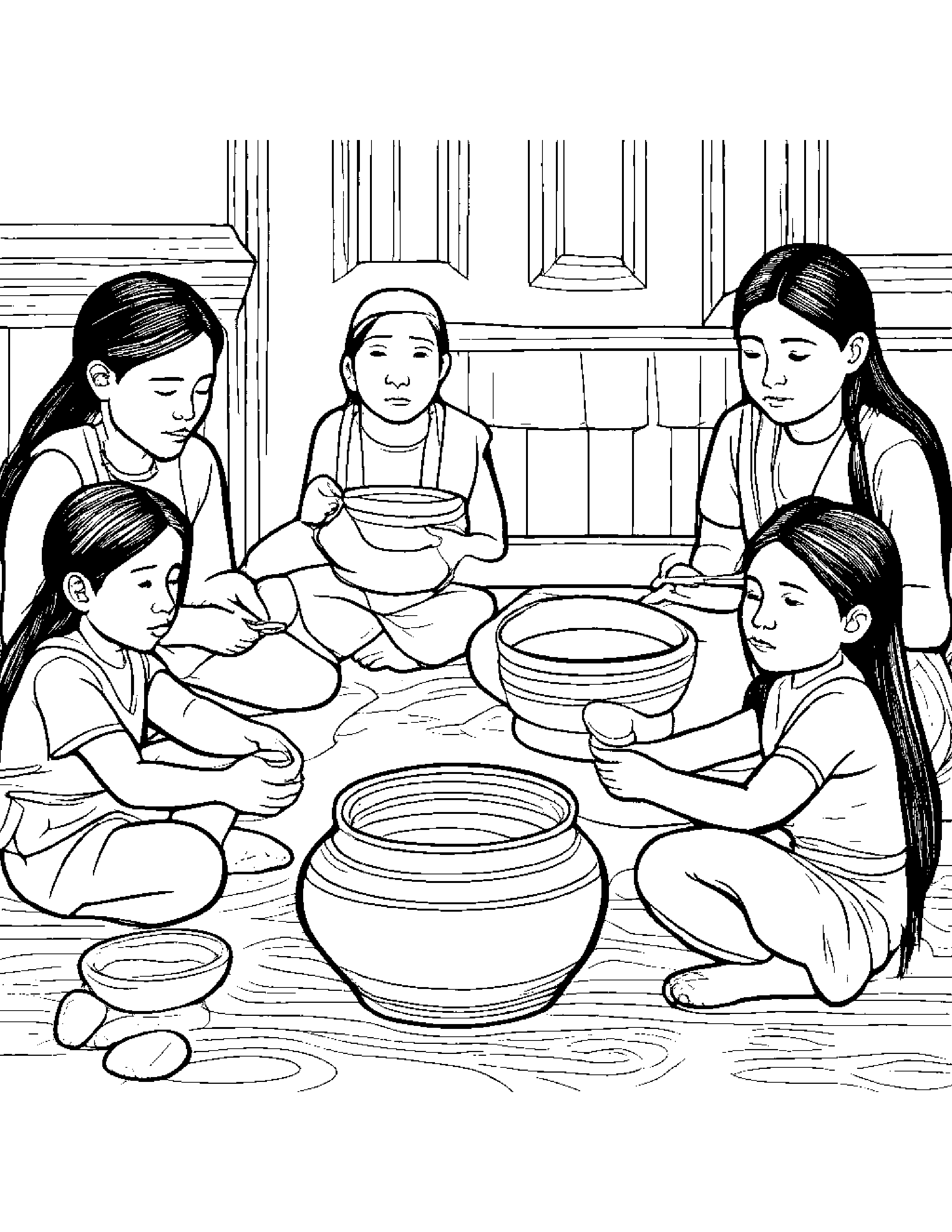 A Group Of Children Participating In A Traditional Native American Pottery Making Workshop Coloring Page (Free Printable PDF)