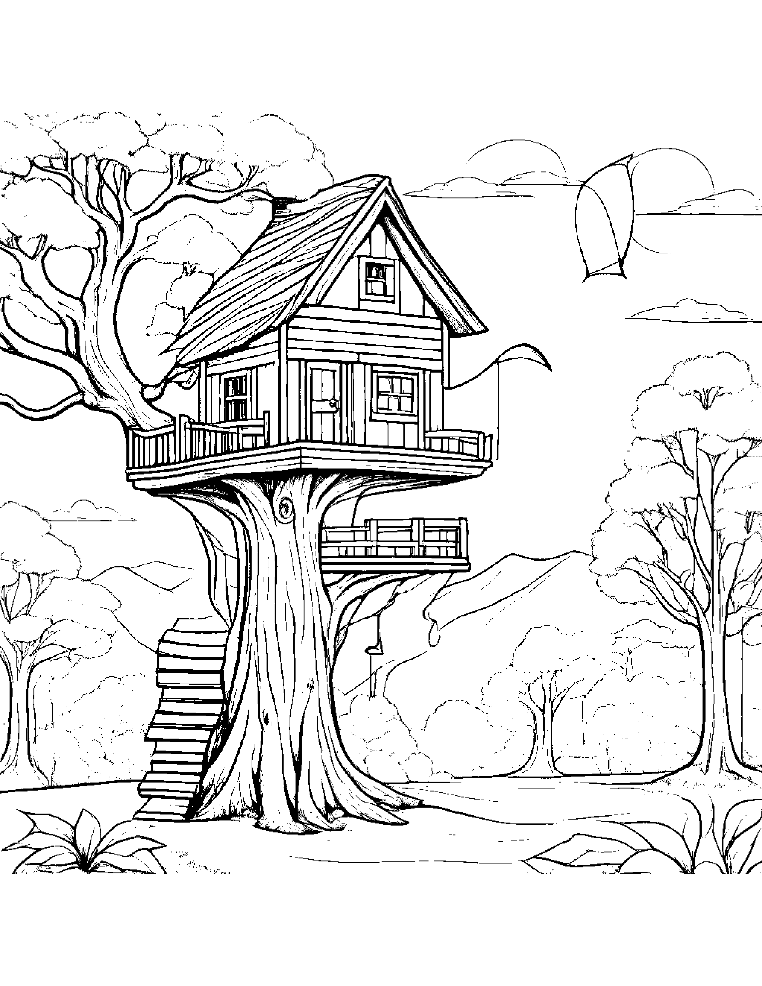 Baby Treehouse With A Kite Coloring Page (Free Printable PDF)