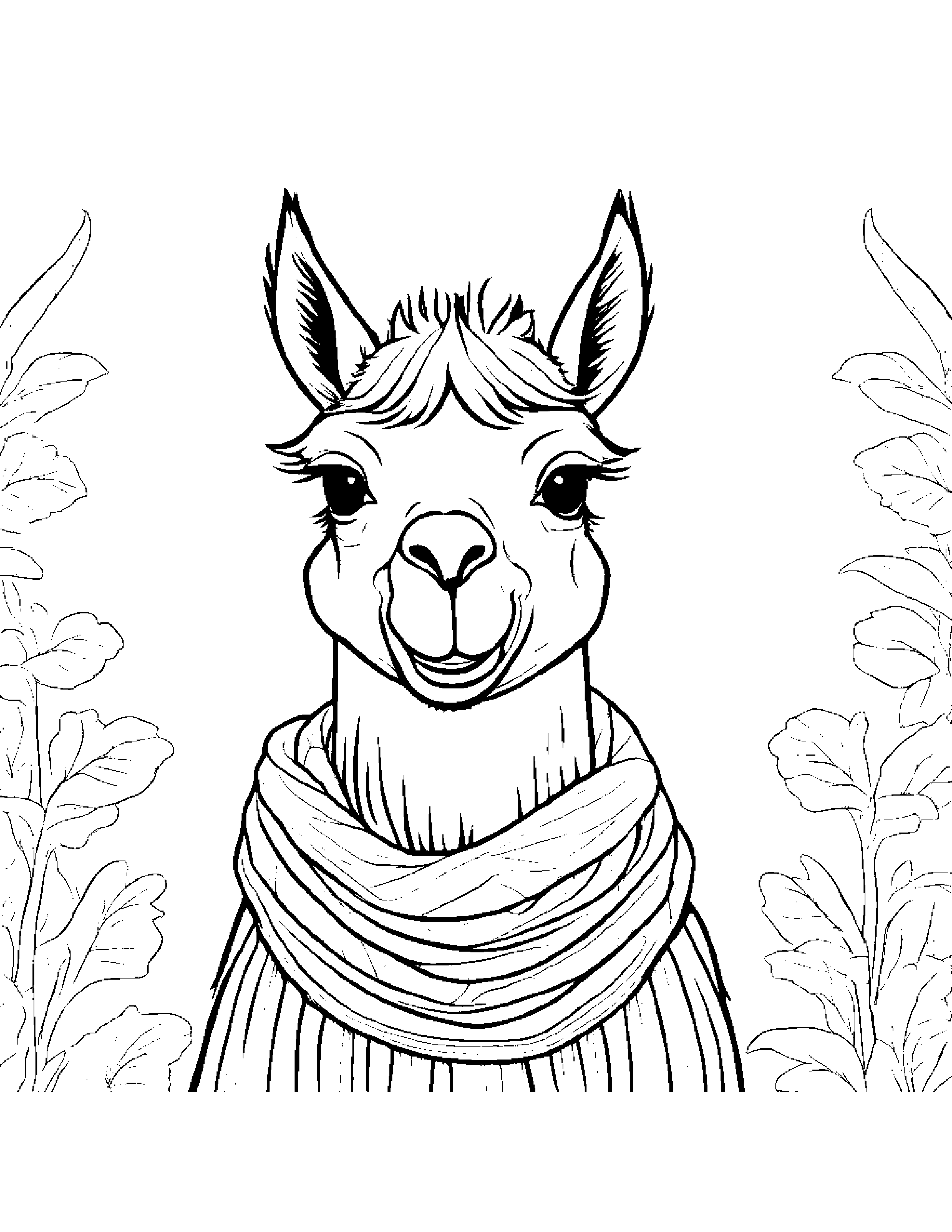 Smiling Llama With Scarf Coloring Page (Free Printable PDF)