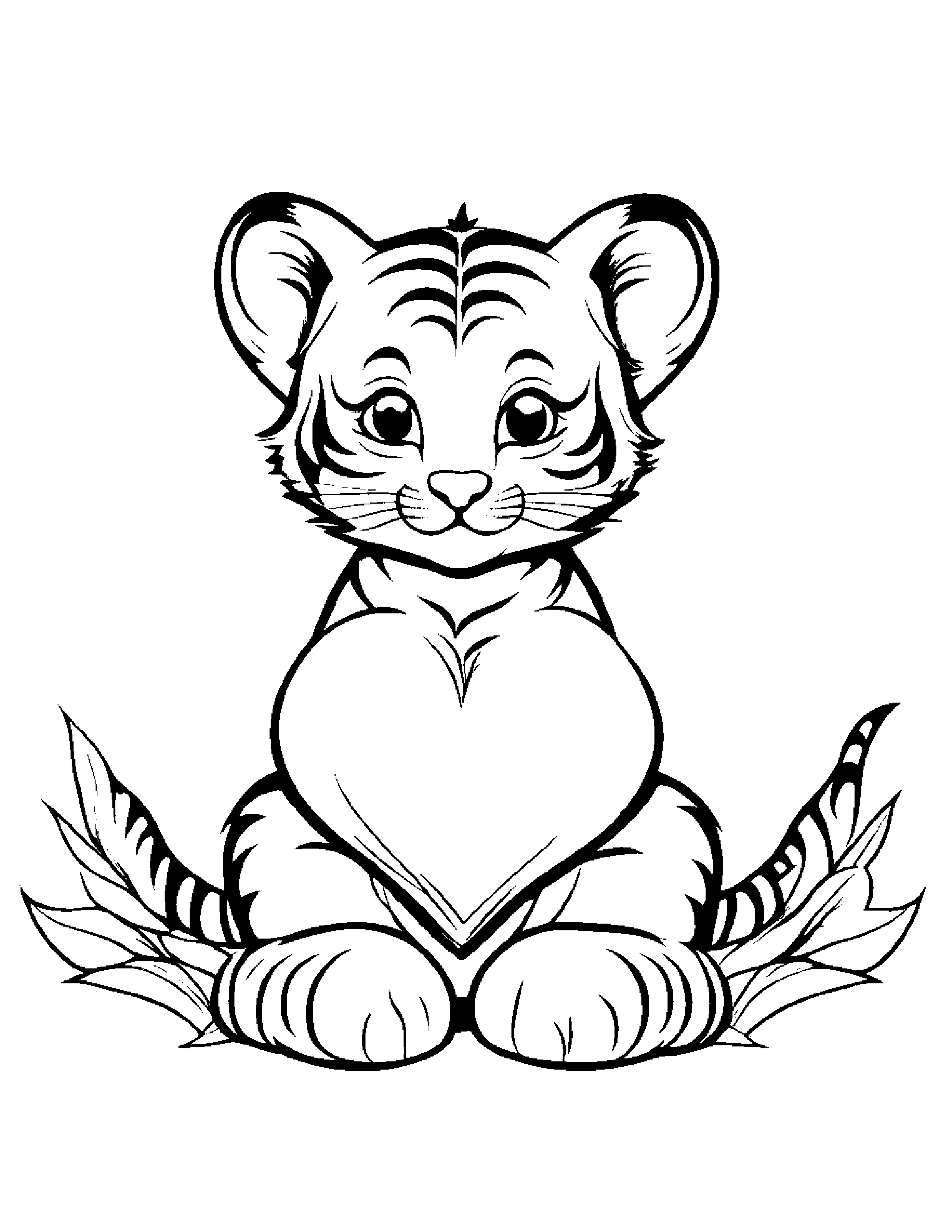 Tiny Tiger Cub Hugging A Heart #2 Coloring Page (Free Printable PDF)