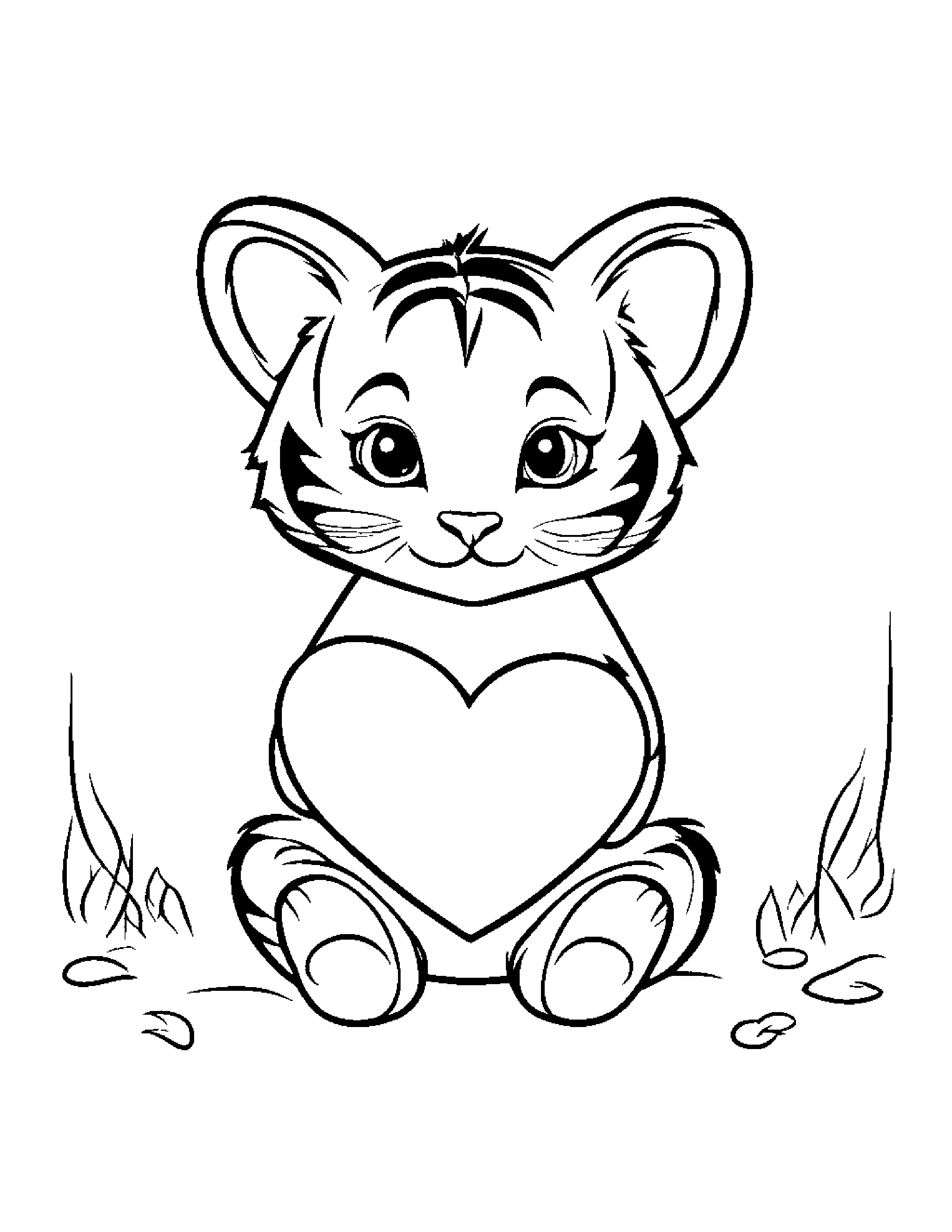 Tiny Tiger Cub Hugging A Heart Coloring Page (Free Printable PDF)