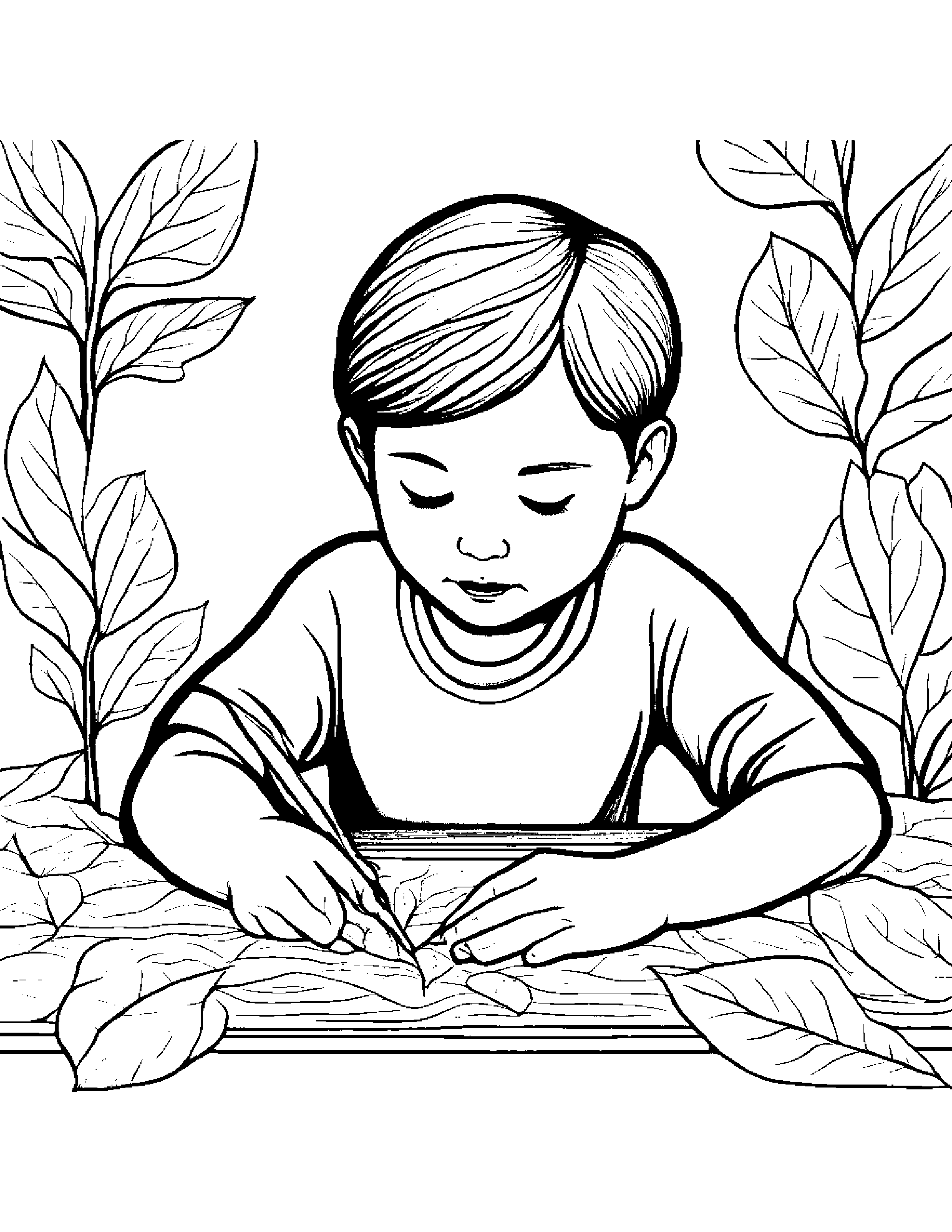 A Boy Making Prints Using Leaves And Colors On A Piece Of Paper Coloring Page (Free Printable PDF)