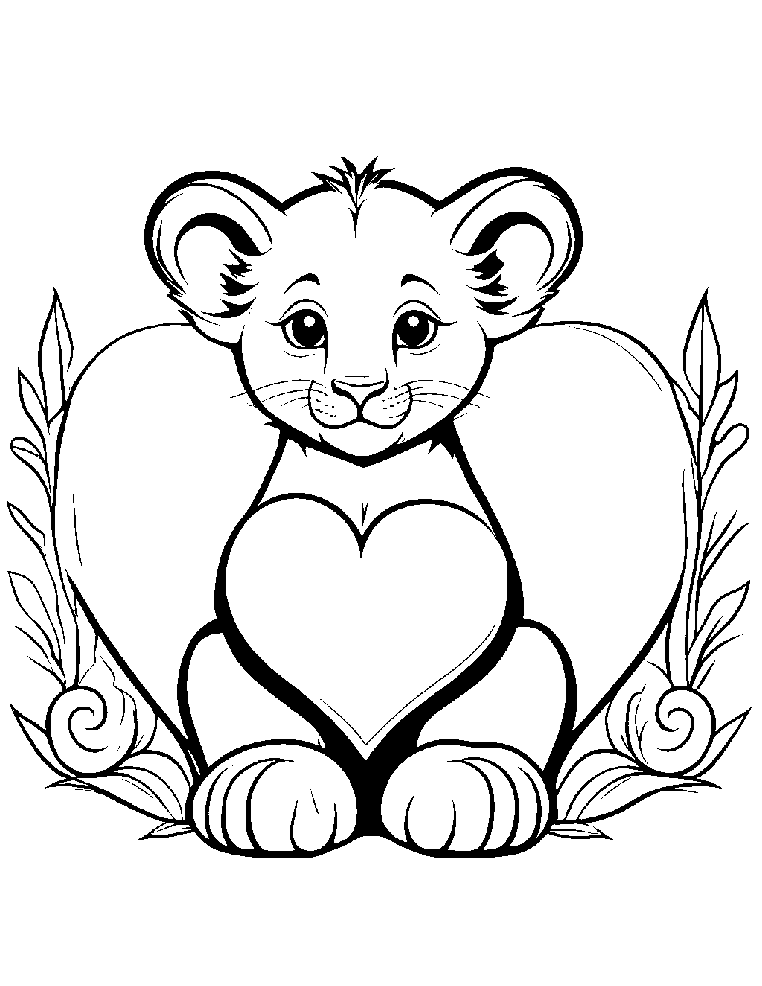 Baby Lion Cub Hugging A Heart #2 Coloring Page (Free Printable PDF)