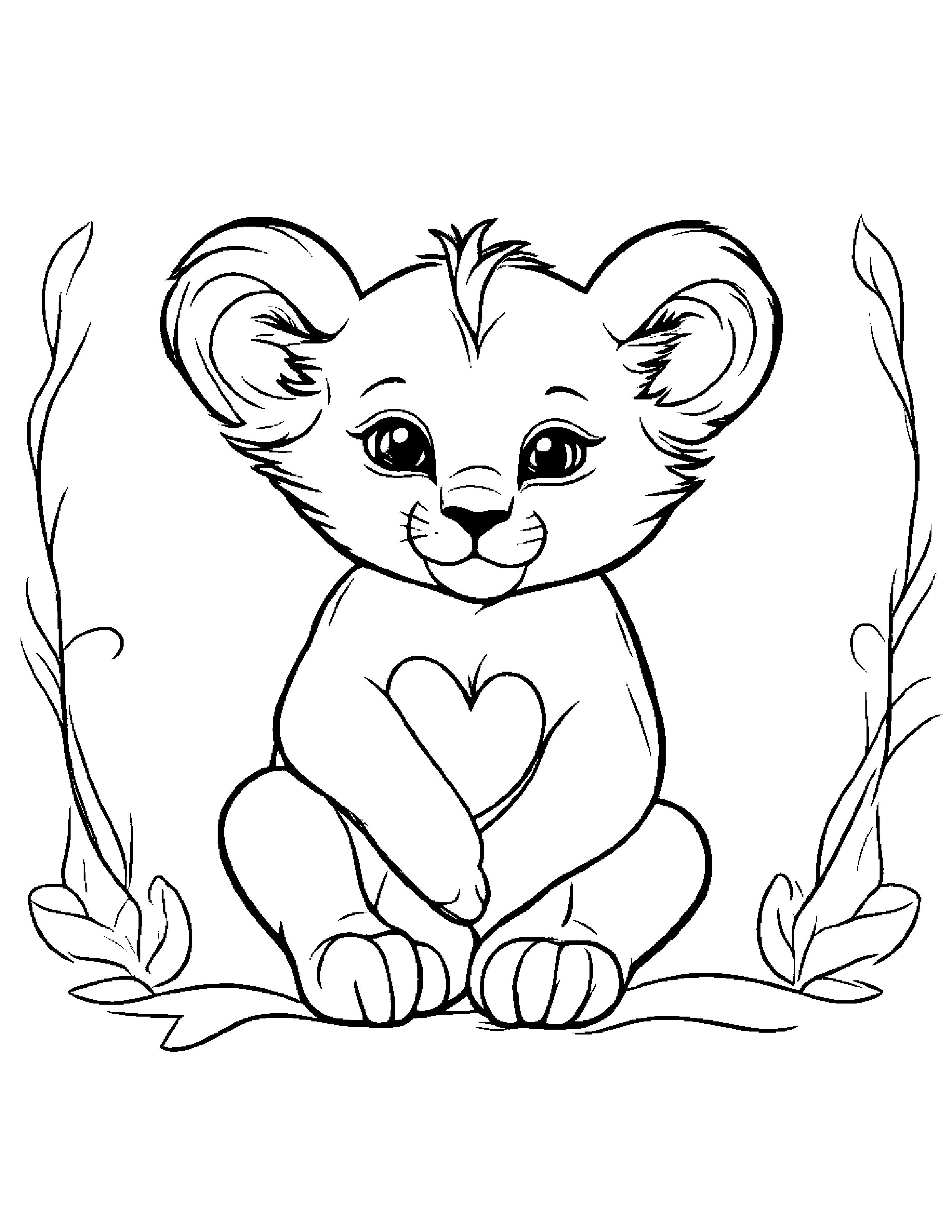 Baby Lion Cub Hugging A Heart Coloring Page (Free Printable PDF)