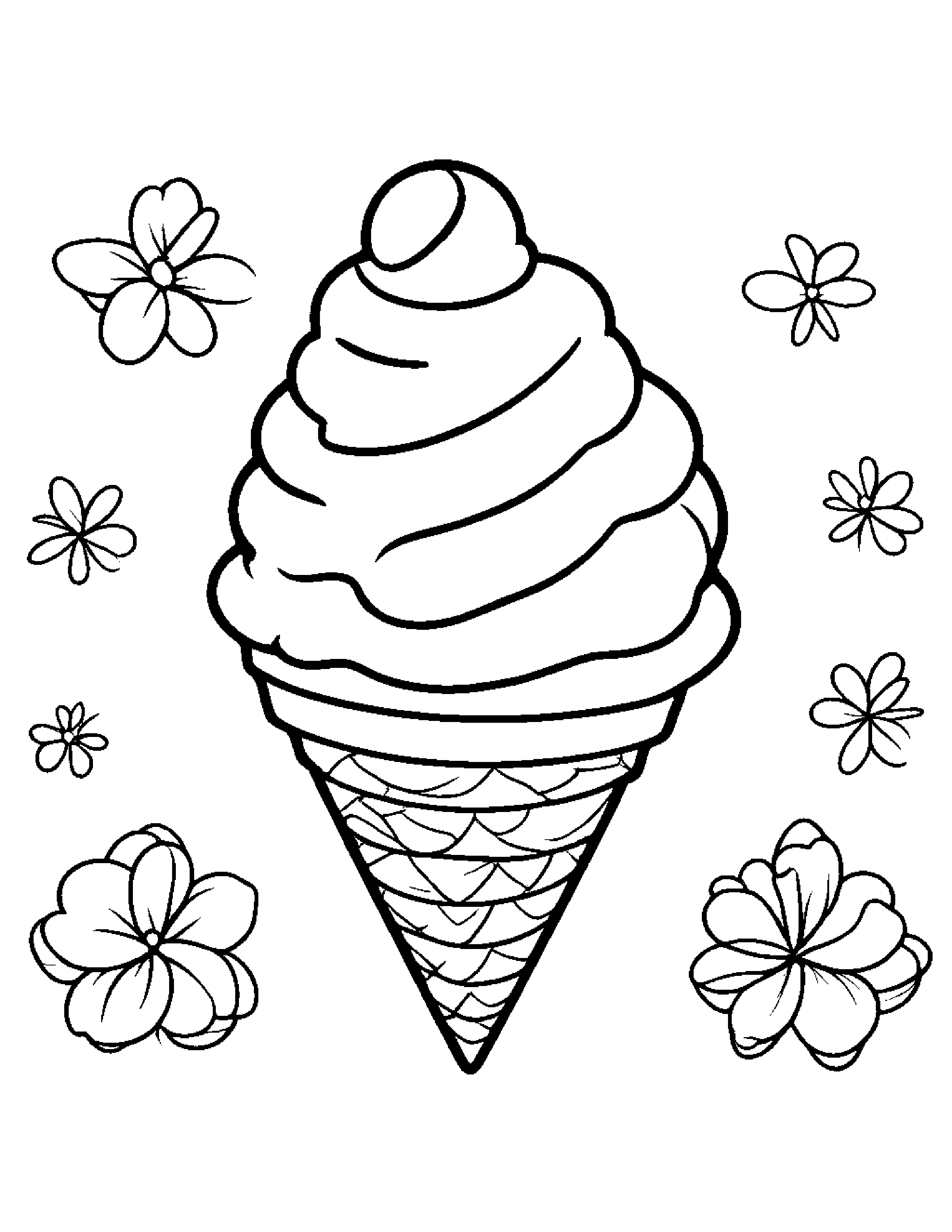 Kawaii Ice Cream Cone With A Flower #2 Coloring Page (Free Printable PDF)
