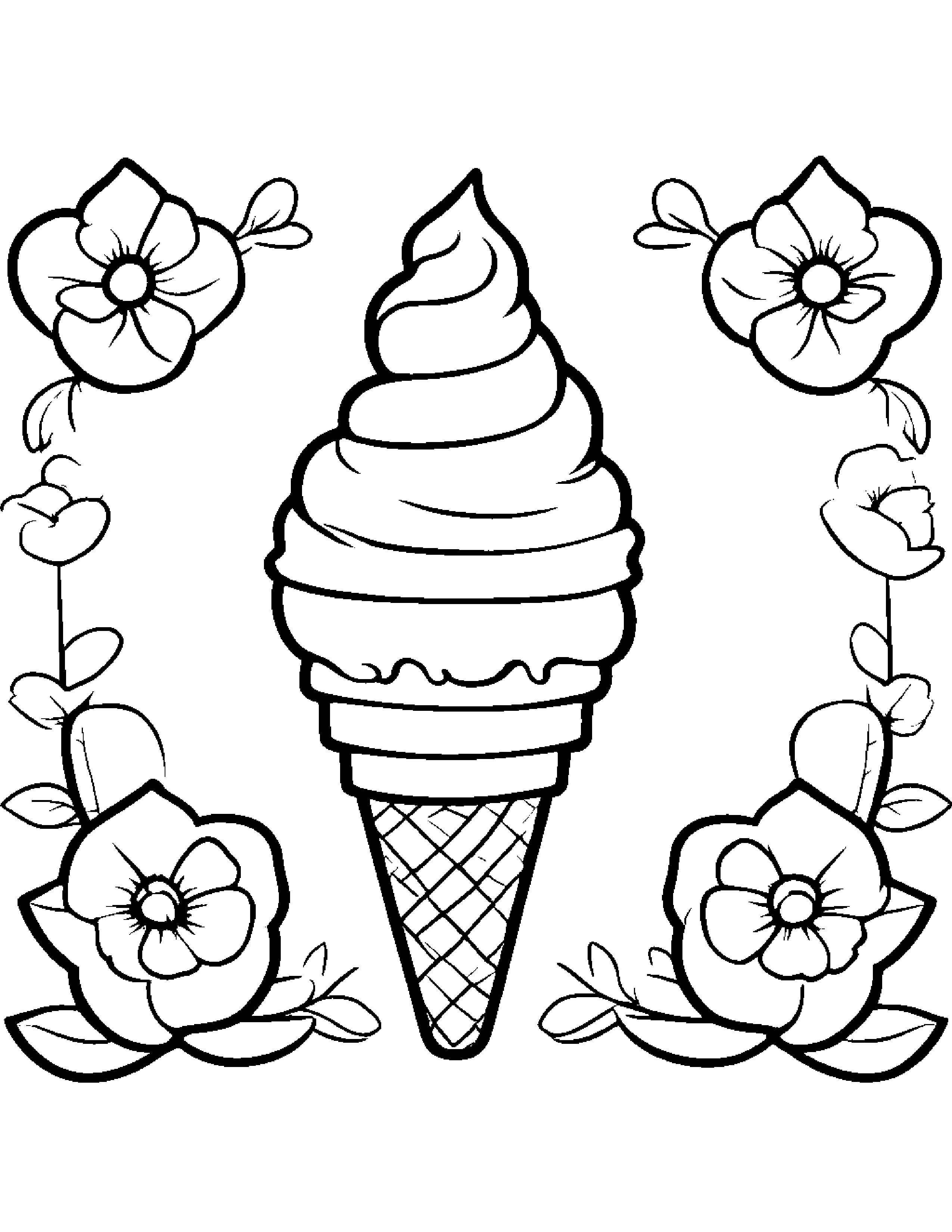 Kawaii Ice Cream Cone With A Flower Coloring Page (Free Printable PDF)
