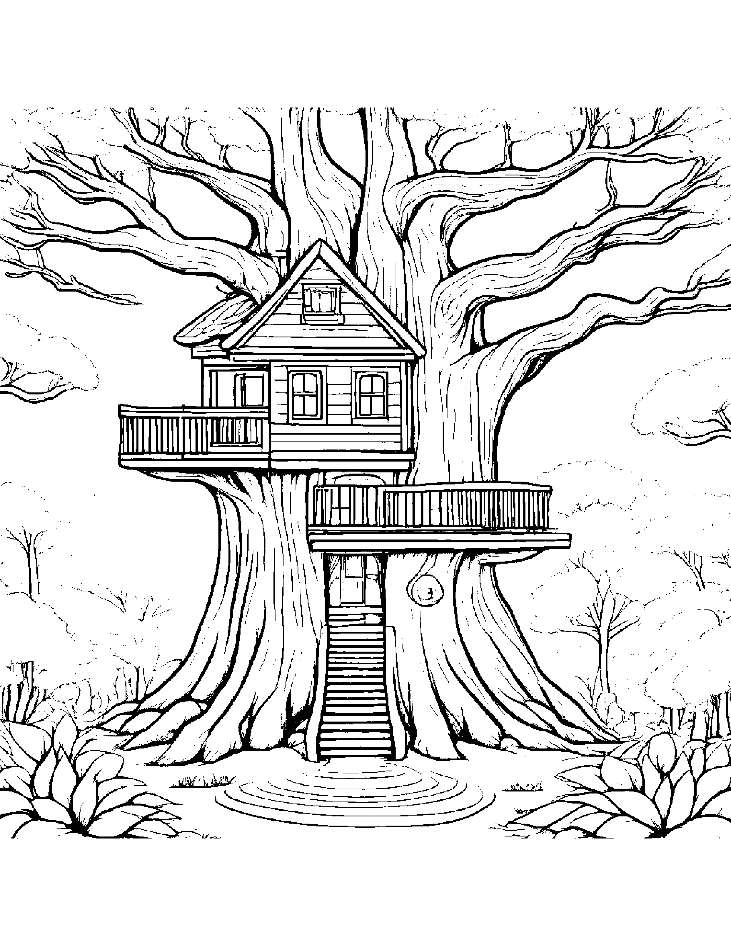 Gentle Treehouse Coloring Page (Free Printable PDF)