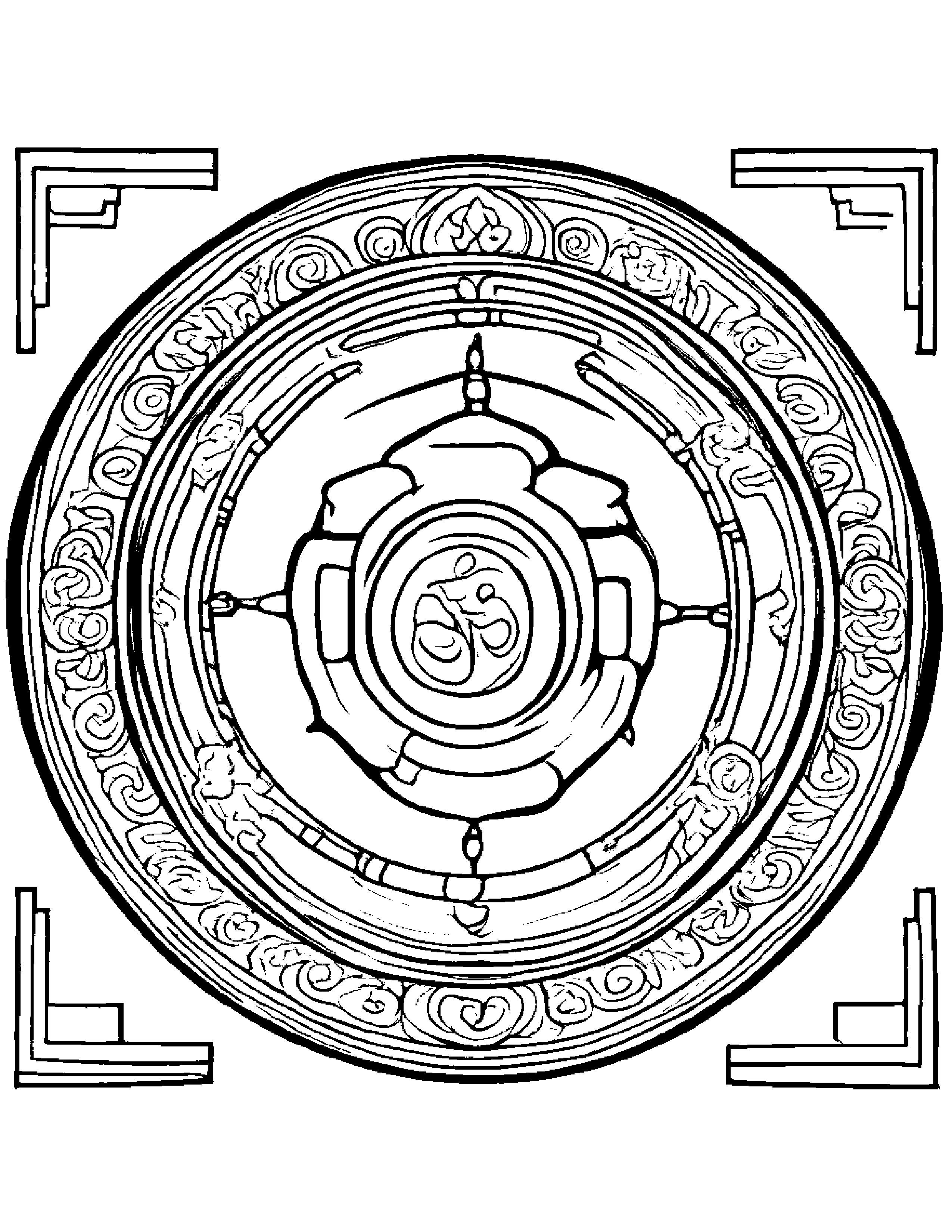 A Buddhist Prayer Wheel With Om Symbols Coloring Page (Free Printable PDF)