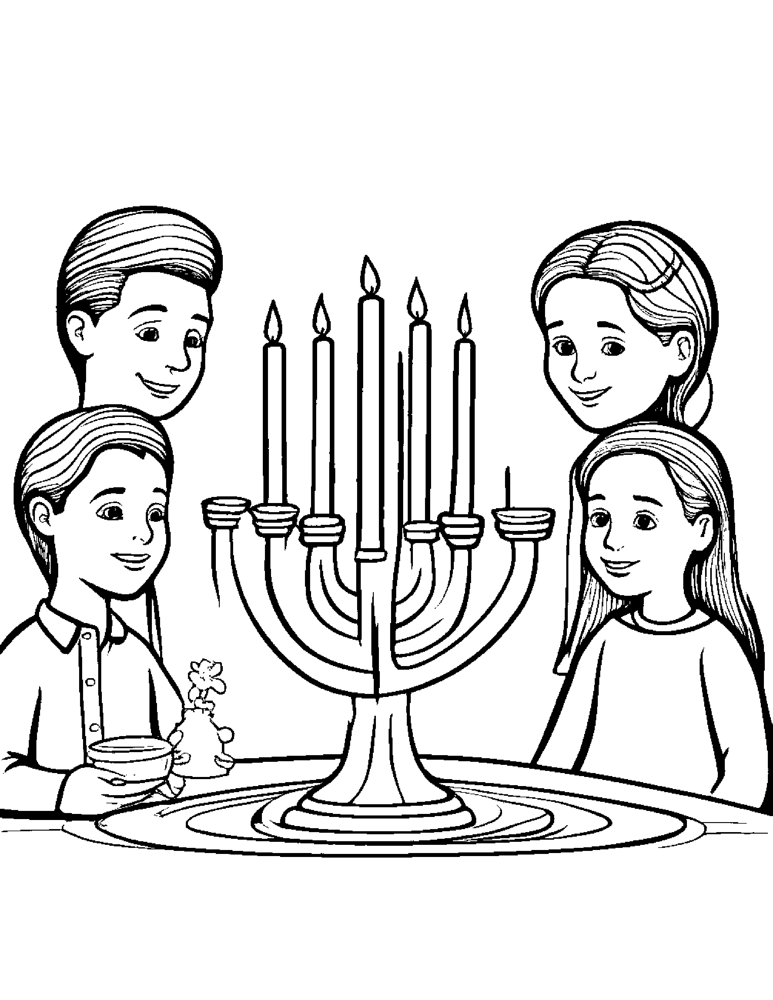 A Family Gathered Around A Festively Decorated Hanukkah Menorah Coloring Page (Free Printable PDF)