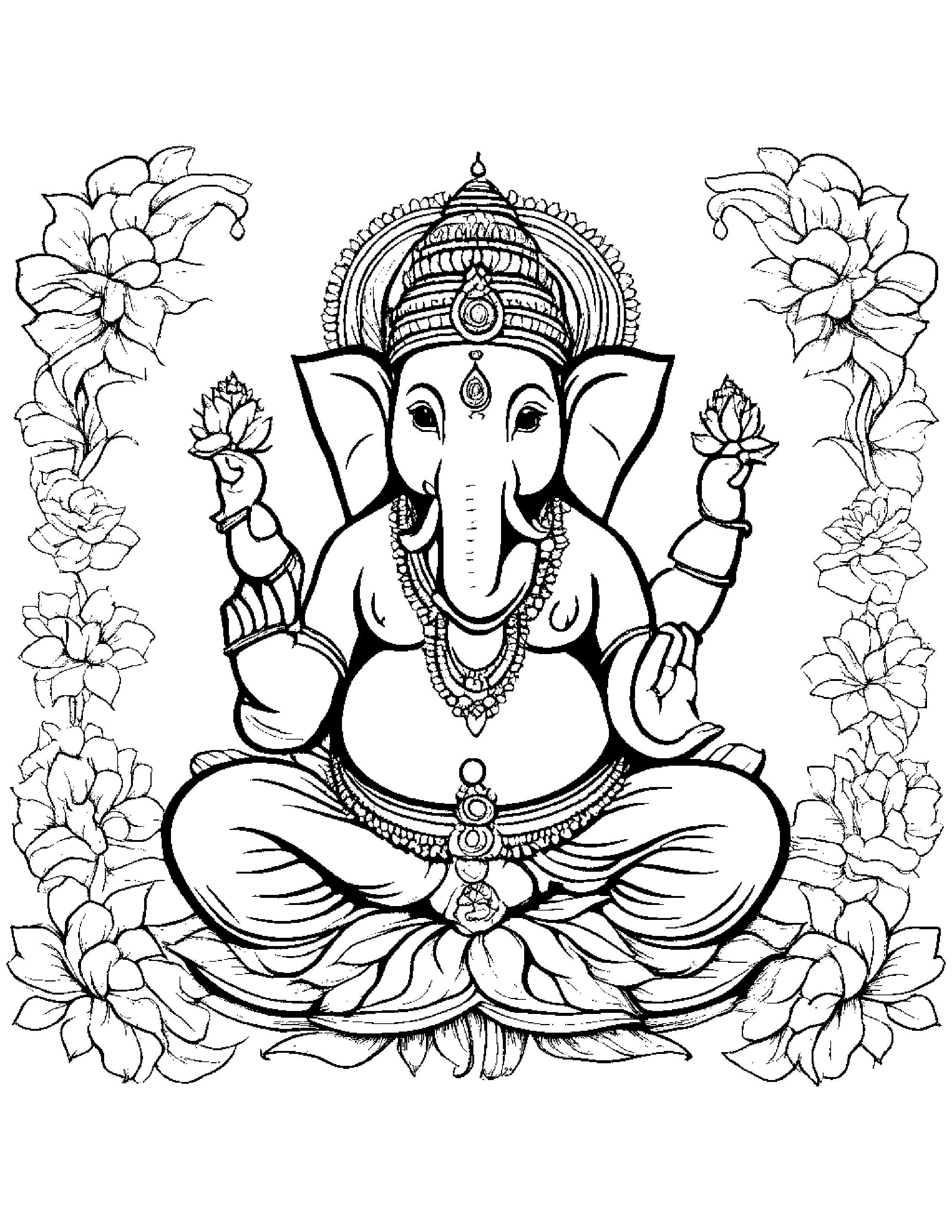 A Hindu Ganesh Statue With Floral Garlands Coloring Page (Free Printable PDF)