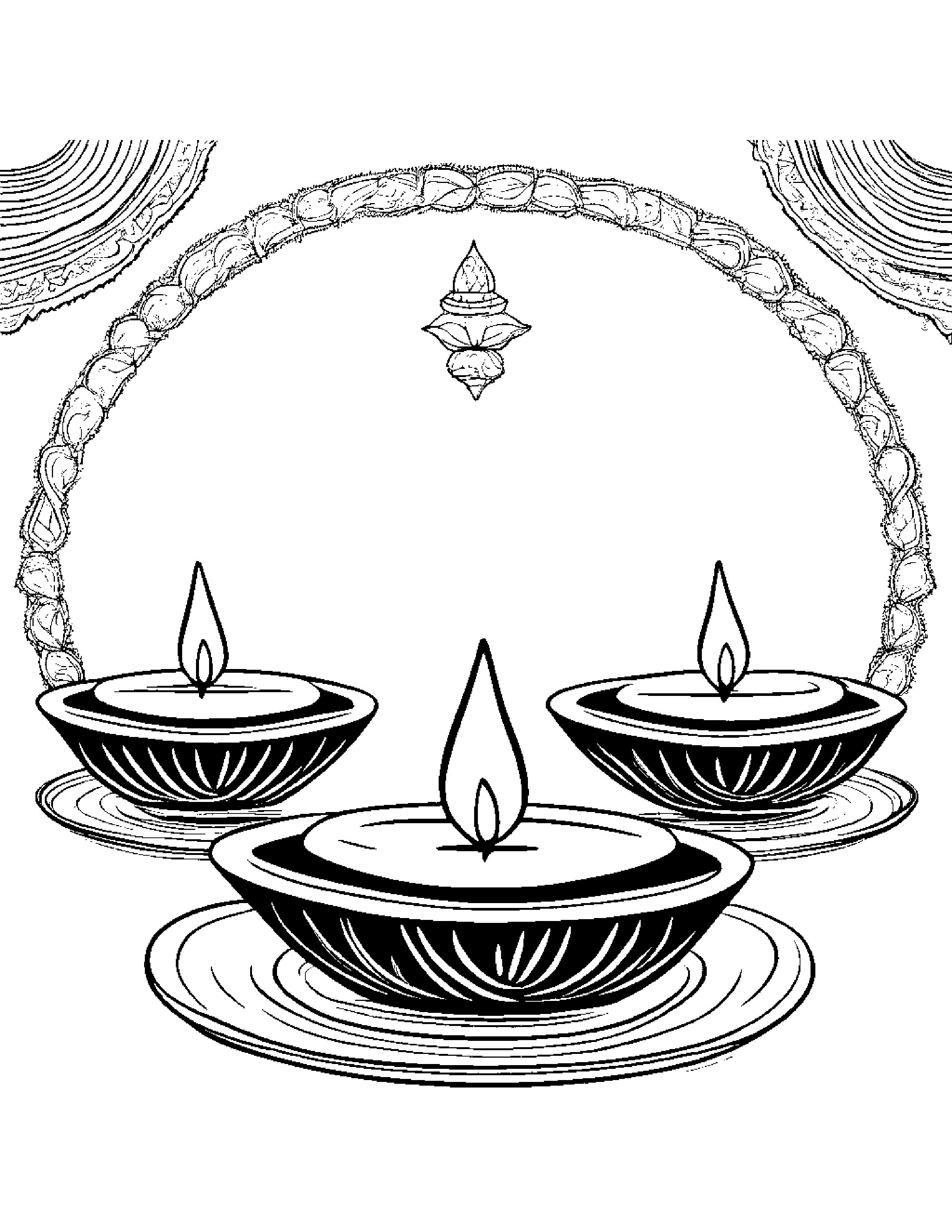 Diwali Festival Of Lights With Diyas (Indian Oil Lamps) Coloring Page (Free Printable PDF)